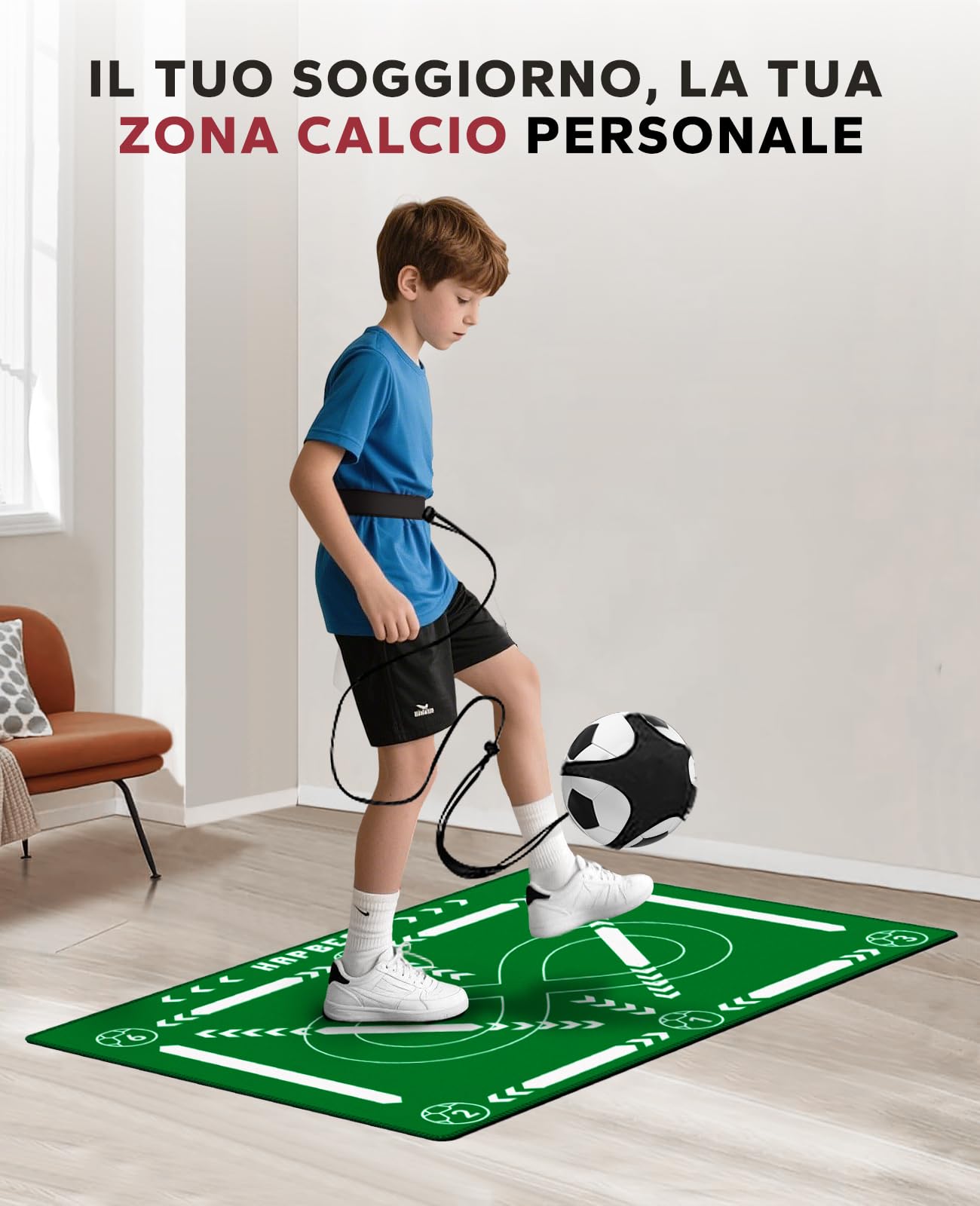 HAPBEAR Tappetino Allenamento Calcio 0,5 cm Antiscivolo con Cintura Palleggio, Elastici, Borsa e Guida | Regalo Calcio per Bambini e Ragazzi
