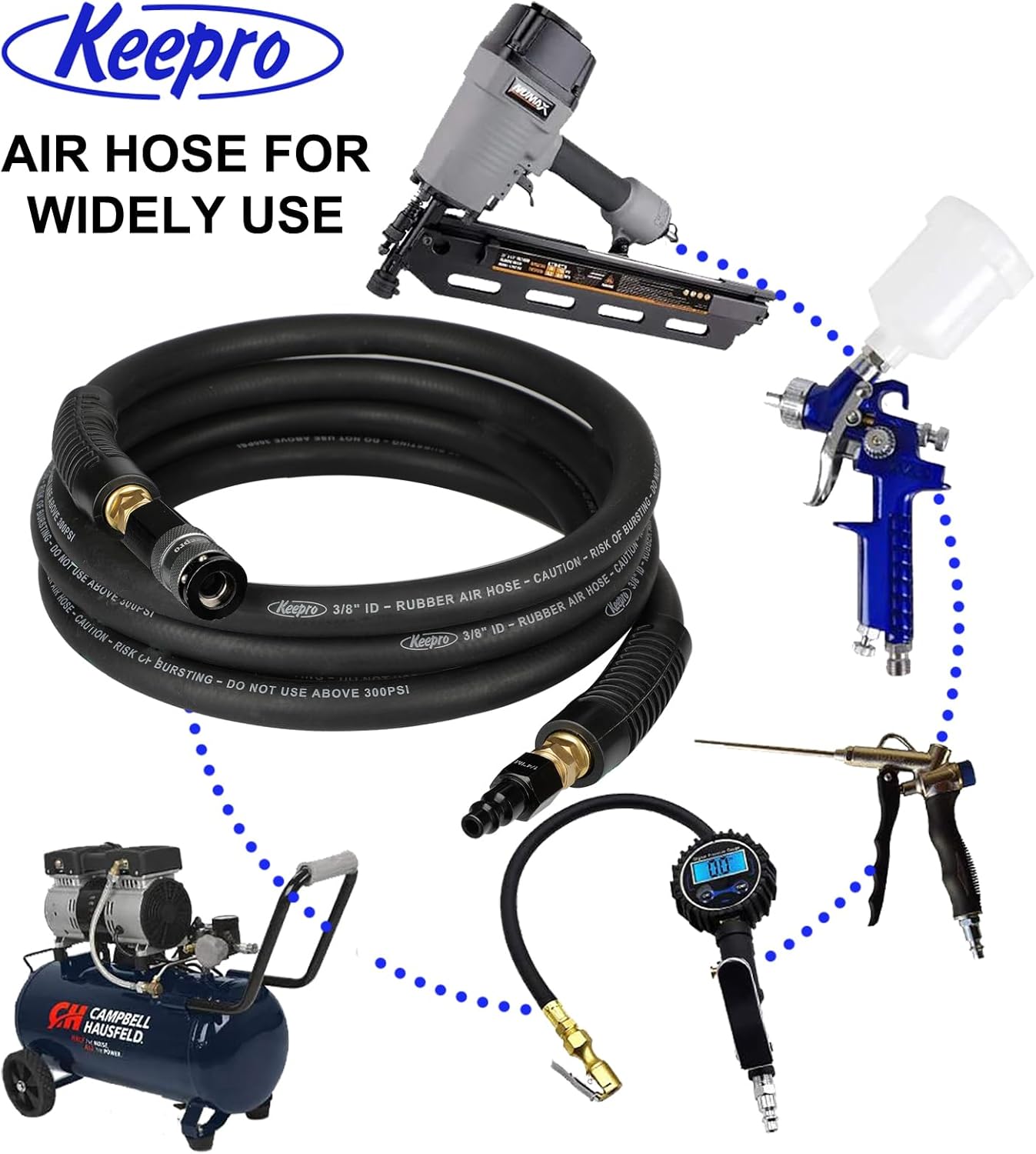 Keepro Rubber Air Hose, Durable Air Compressor Hose 3/8 Inch ID By 10 Feet Long with Swivel Universal Aluminium Quick Coupler and Plug, 300 PSI Maximum Pressure, Black
