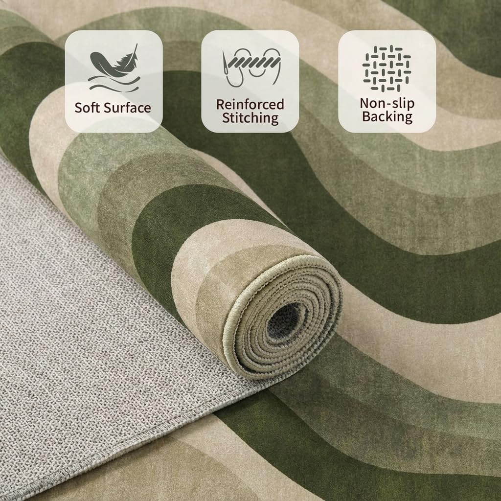 5x7 Modern Wavy Striped Area Rug for Living Room,Olive Green & Beige Gradient Wave Pattern Non-Slip Washable Backing Bedroom