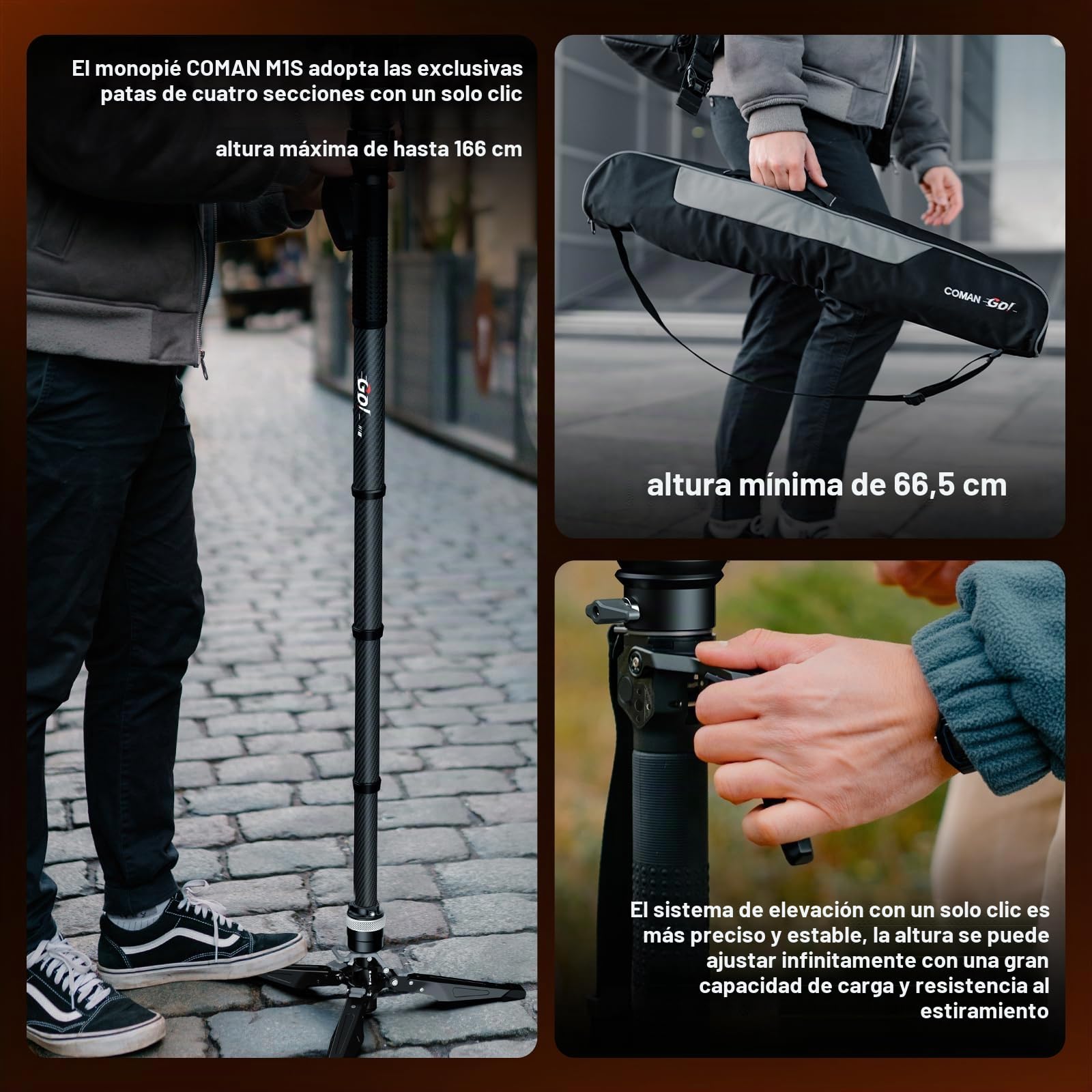Monopié para cámara, monopié Extensible de Fibra de Carbono con Patas, monopié de Viaje de 65 Pulgadas con rótula esférica de 360°, Sistema de liberación rápida Arca, Carga máxima de 10 kg.