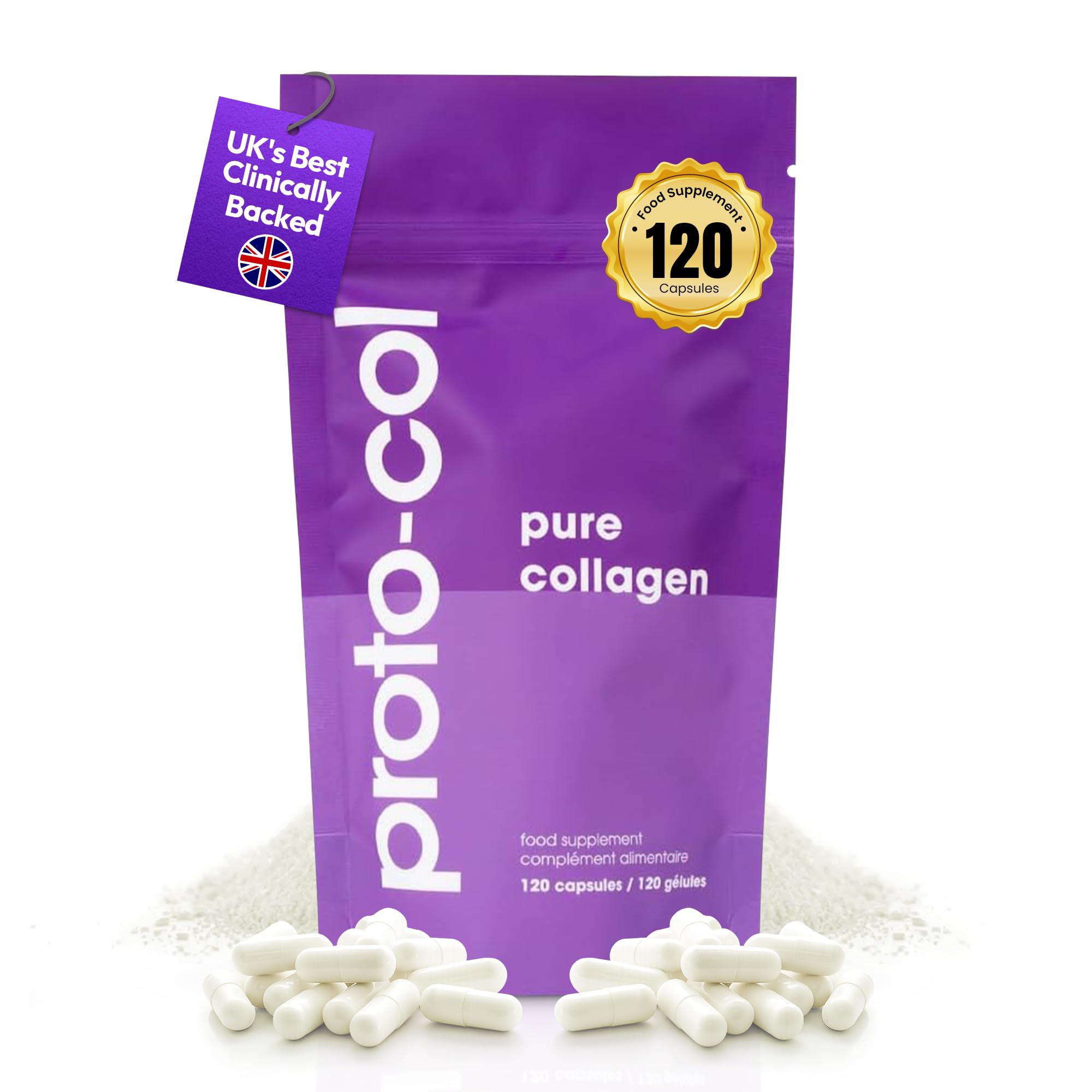 Proto-col Pure Collagen Supplement for Women, 2500mg Bioactive Collagen Peptides, Clinically Proven Type I & III Hydrolysed Anti-Ageing Formula for Skin, Hair, Nails & Joint Support, 120 Capsules