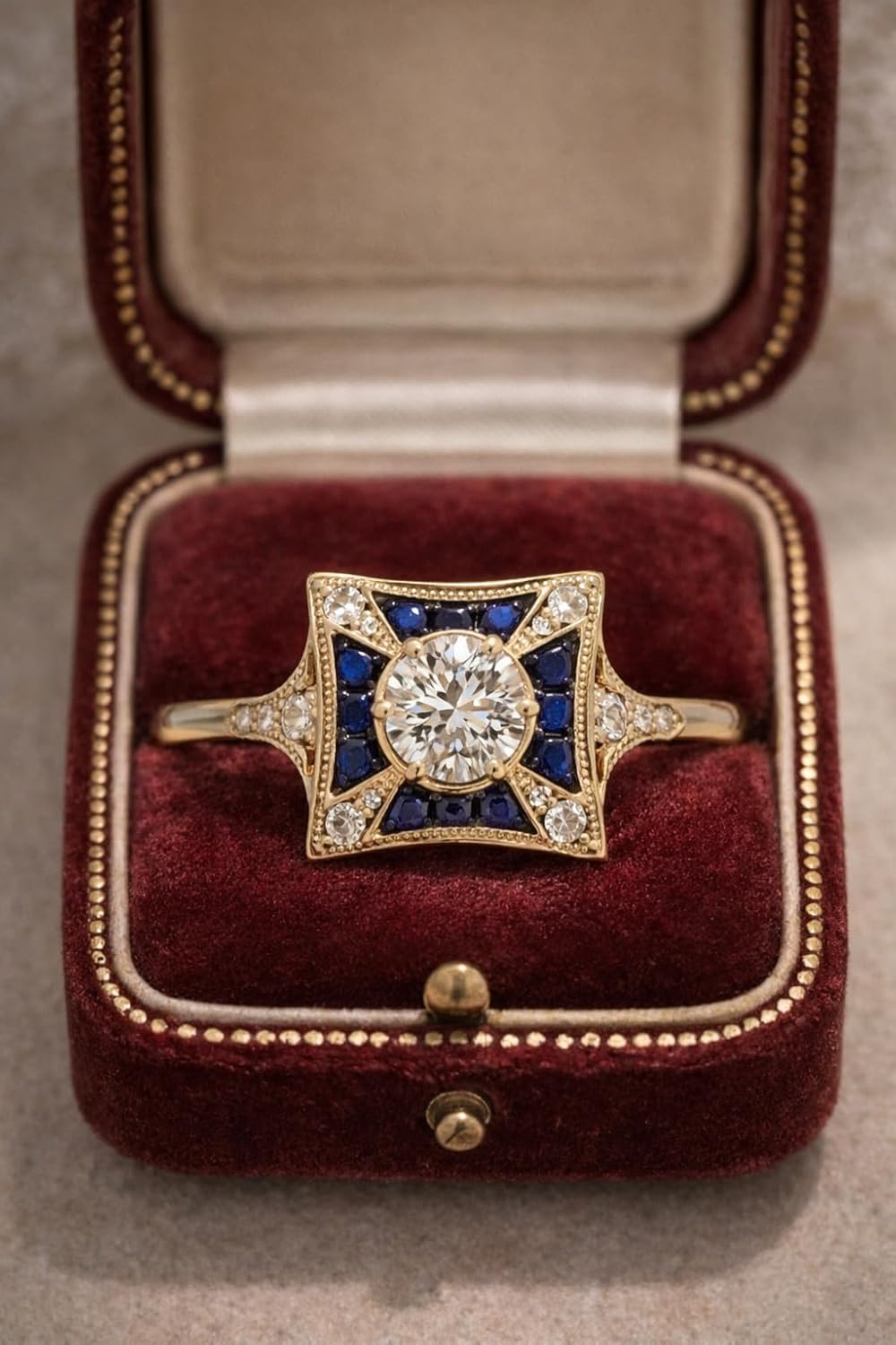 European Style Blue Sapphire Halo Engagement Ring for Women, Round Moissanite Center, Vintage Art Deco Square Frame Bridal Ring