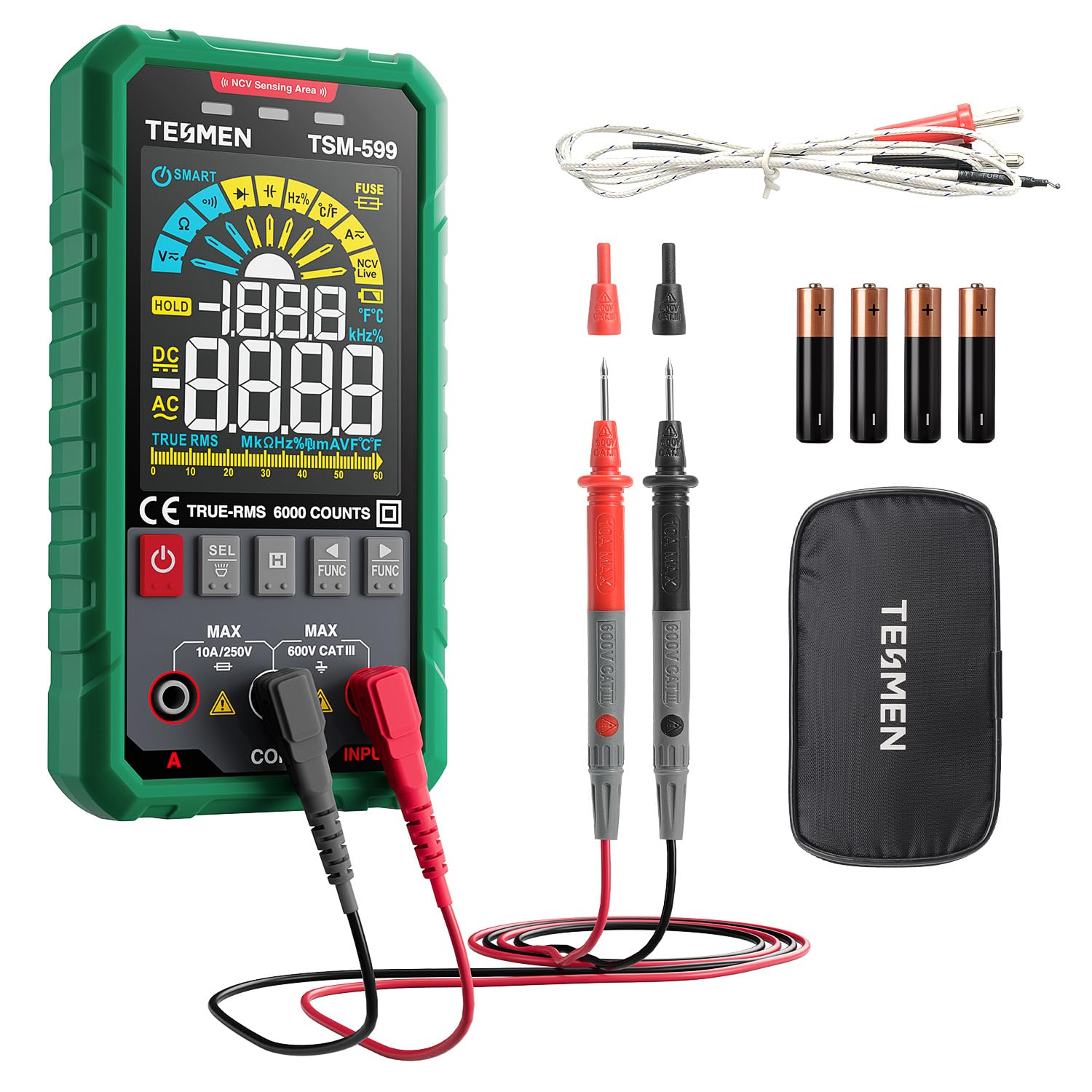 TESMEN TSM-599 Smart Digital Multimeter, TRMS 6000 Counts, Spannungstester, Voltmeter mit NCV, DC/AC Spannung&Strom, Widerstand, Kontinuität, Diode, Kapazität, Hz%, Temperatur, Live Wire - Grün