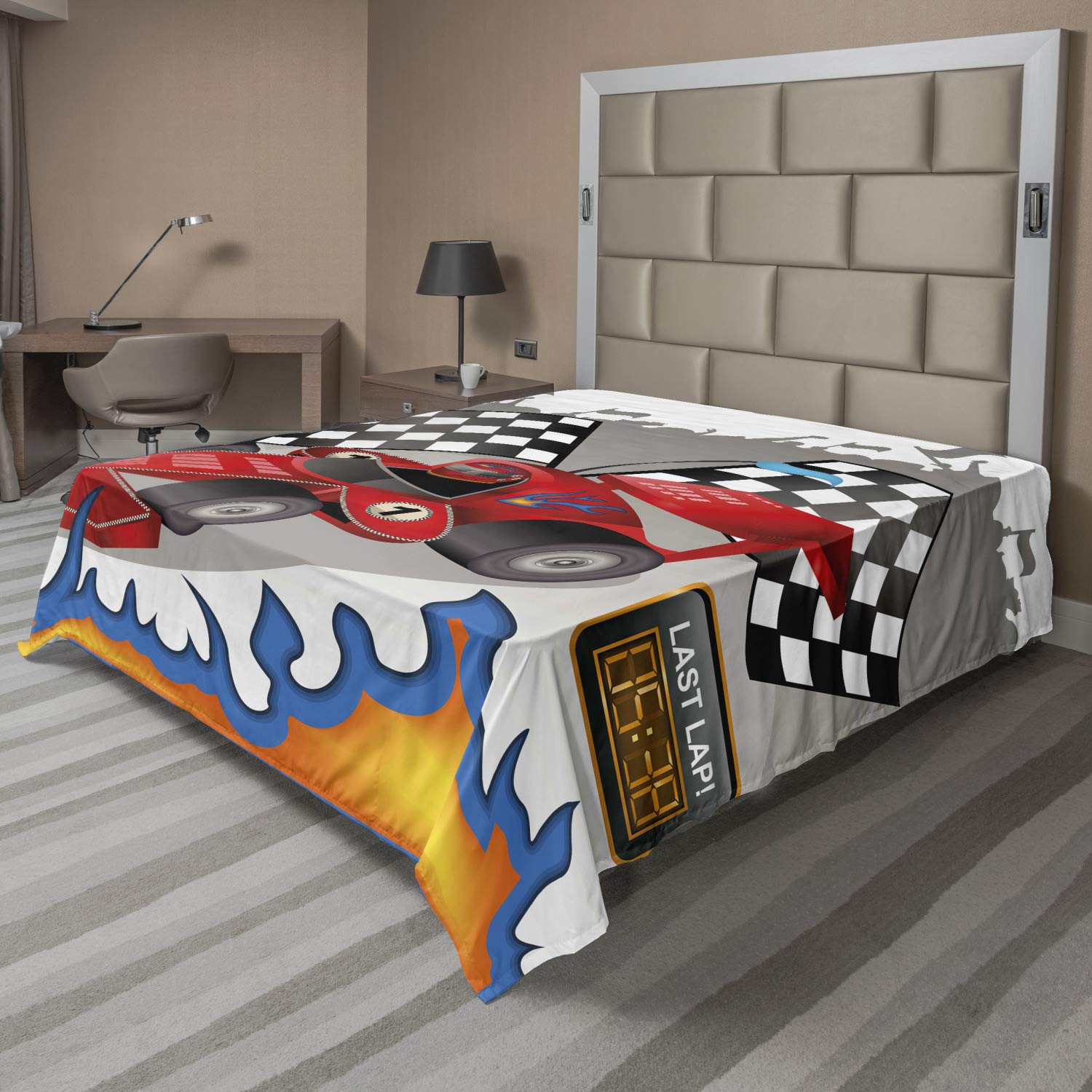 Lunarable Cars Flat Sheet, Race Car Finish Line Flags Pilot Abstract Plain Background Print, Soft and Comfortable Top Sheet Decorative Bedding 1 Piece, Full Size, Grey Red
