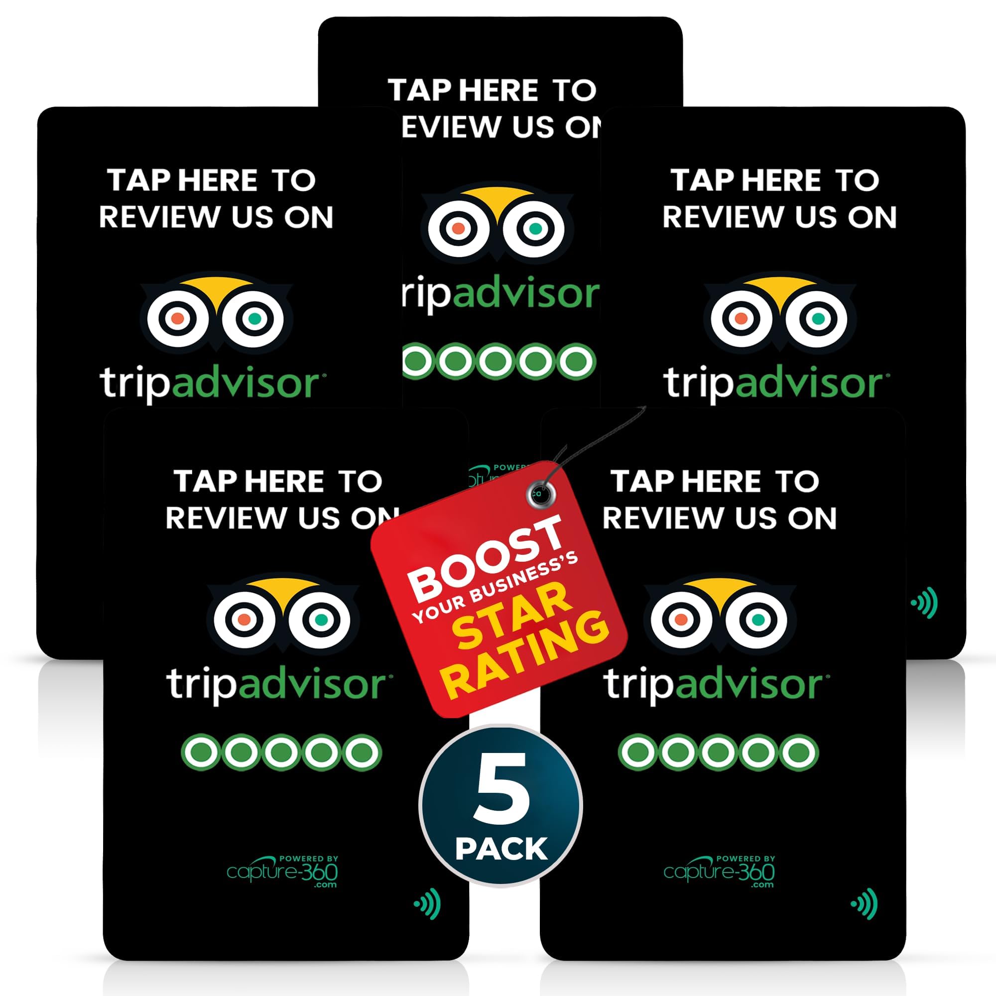 TripAdvisor NFC Review Card - Digital Business Signage, Acrylic Desk Display, Customizable NFC Tag for Effortless Feedback Collection, Quick Activation, Small Business Compatible - Black (Pack of 5)