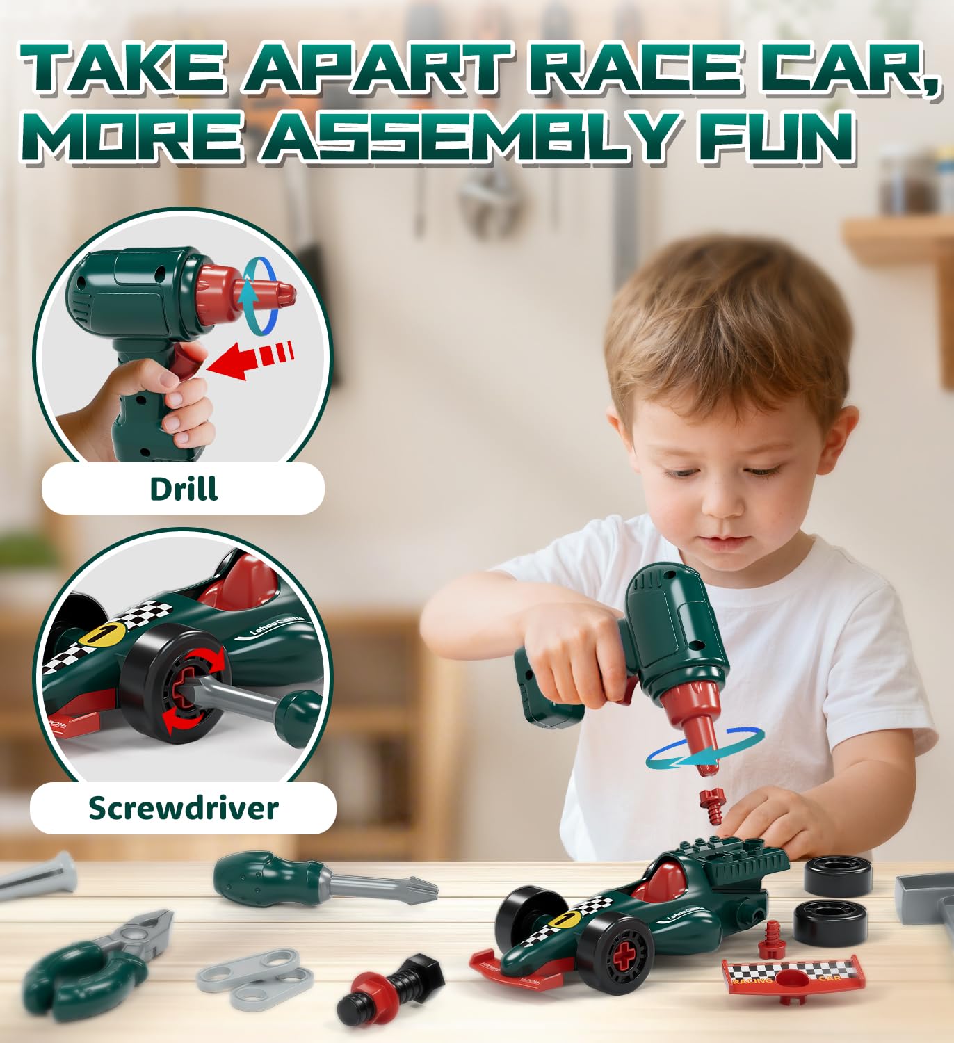 Lehoo Castle Kids Tool Set, Construction Tool Box with Toy Drill & Take Apart Race Car, Toys Gifts for 2 3 4 5 Year Old Boys & Girls - Image 2