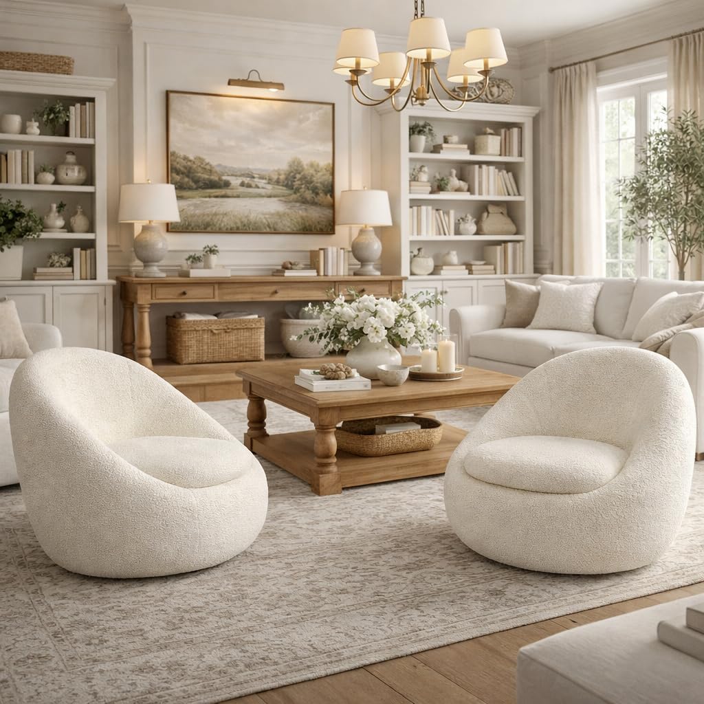 Homepop 360° Round Barrel Swivel Sofa Chair | Accent Chairs for Living Room & Bedroom | Decorative Home Furniture, White Sherpa