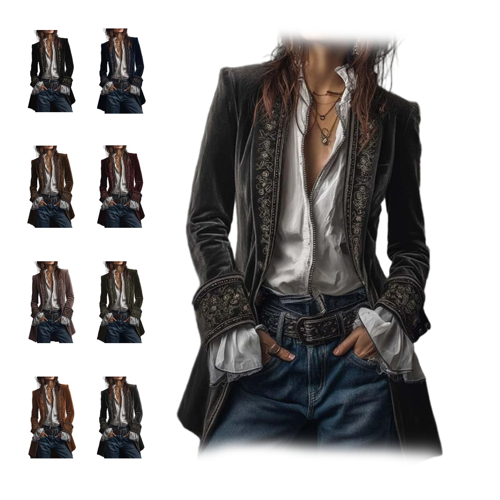 Velvet Blazer for Women Casual Long Vintage Lapels Pockets Velvet Embroidered Solid Color Lace Jacket Women Winter