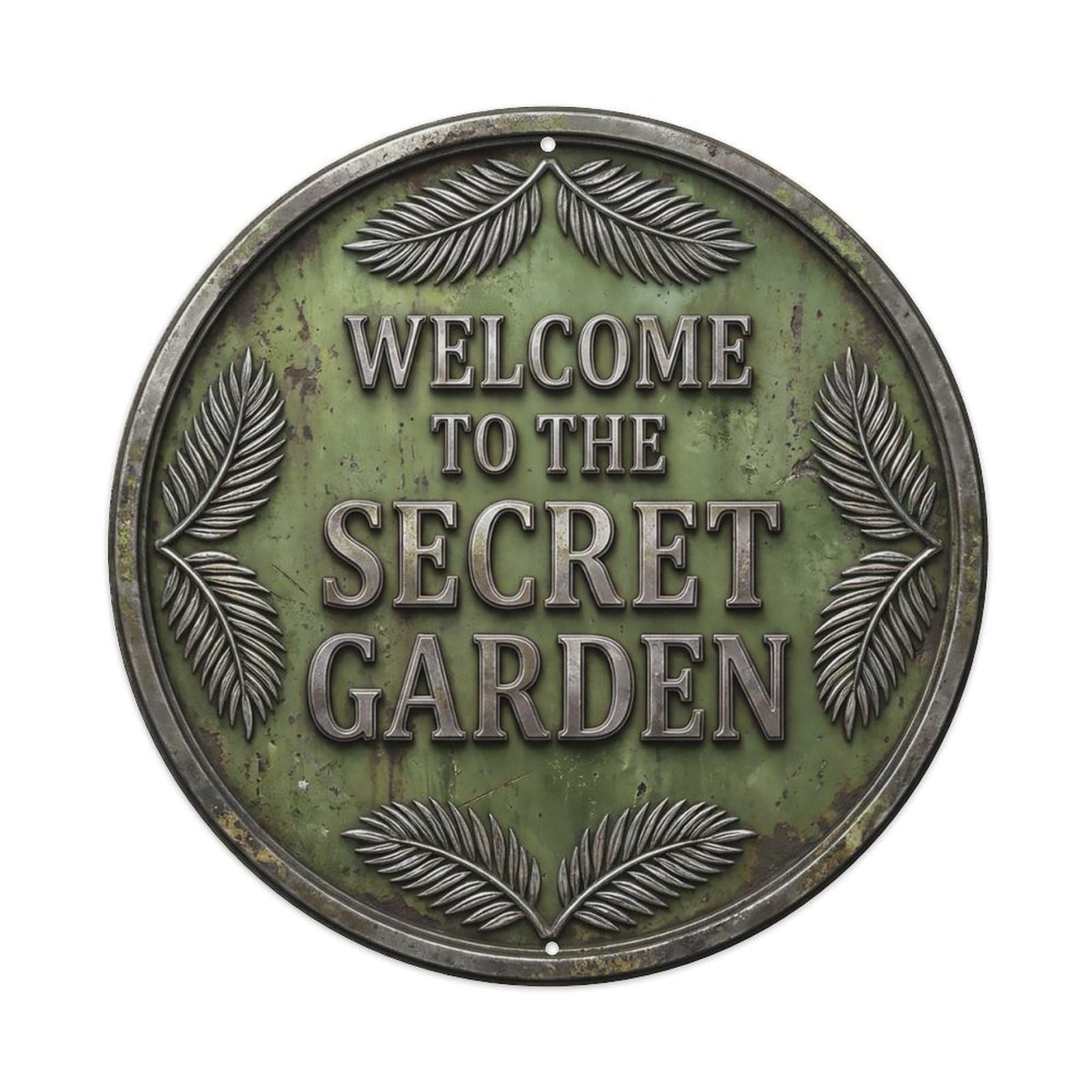 Vintage Welcome Secret Garden Silver Olive Palmleaf Metal Tin Sign