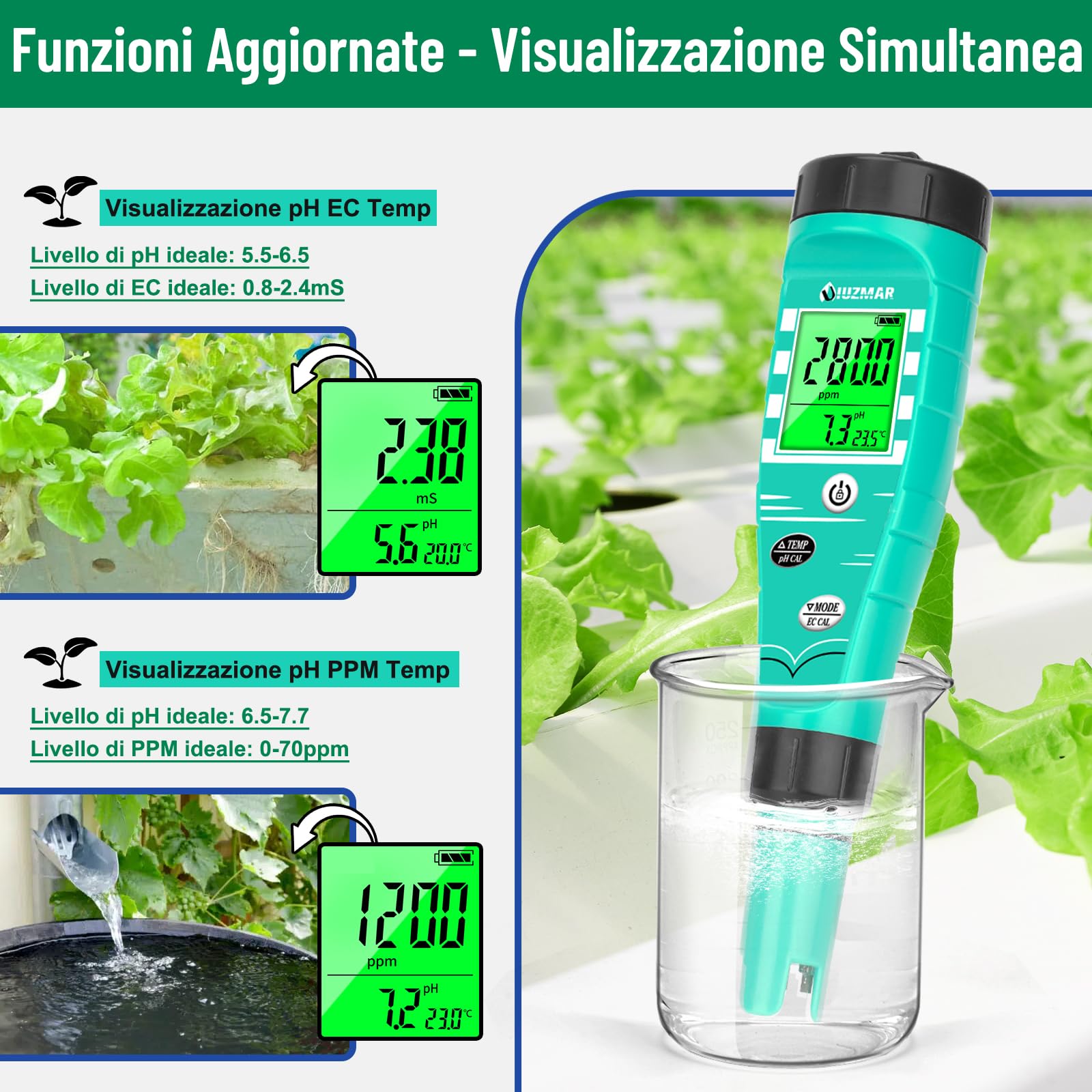 UIUZMAR Misuratore di pH EC Idroponica, phmetro Acqua, Misuratore pH e TDS per Sistema Idroponico, Misurazione Simultanea di pH EC TDS Temperatura per Aeroponica, Acquario, Laghetto