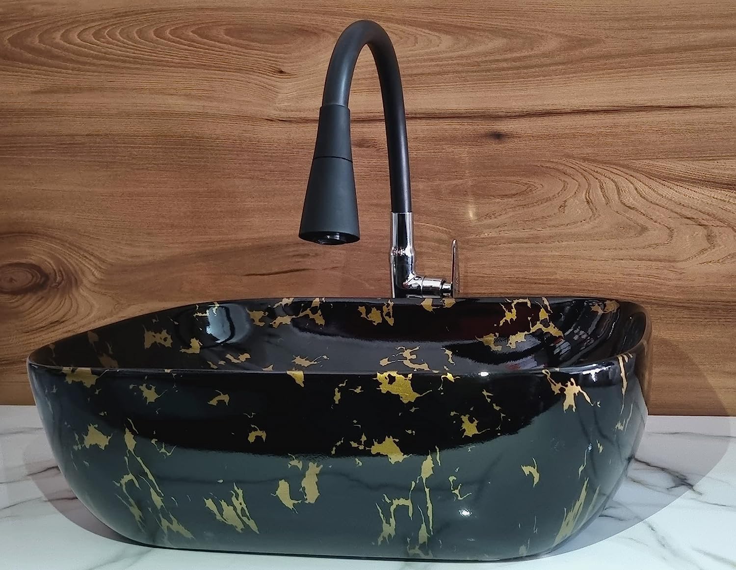 Zoyo Cera Premium Designer Table Top Ceramic Wash Basin Vessel Sink with Slim Rim | Beautiful Rectangle Shape Wash Basin (Designer Black Wash Basin, 18 x 13 x 5 Inch) (Black Wash Basin)