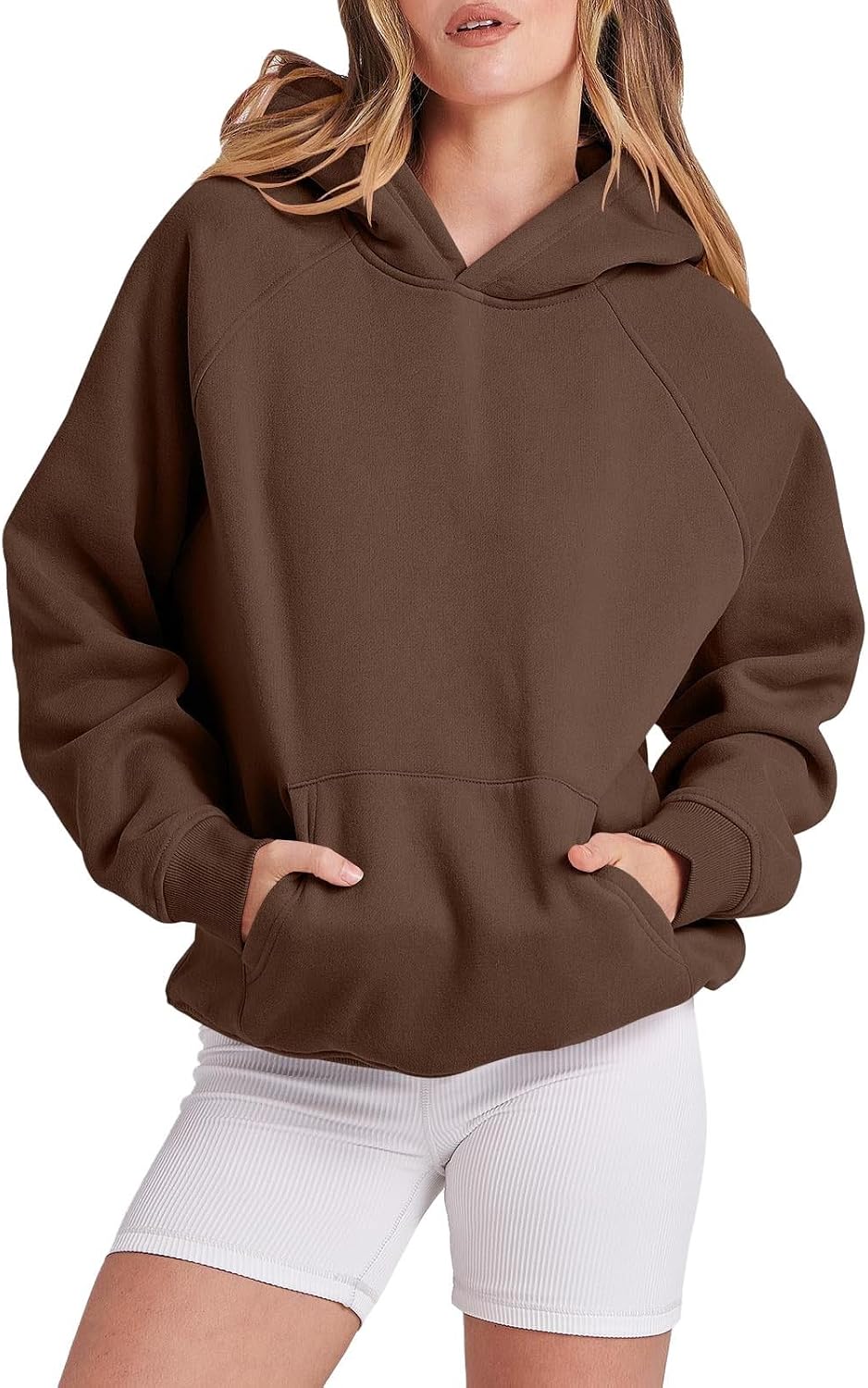 Oversized Brown Fleece Hoodie Sweater for Women with Kangaroo Pocket – XL Long Sleeve Pullover