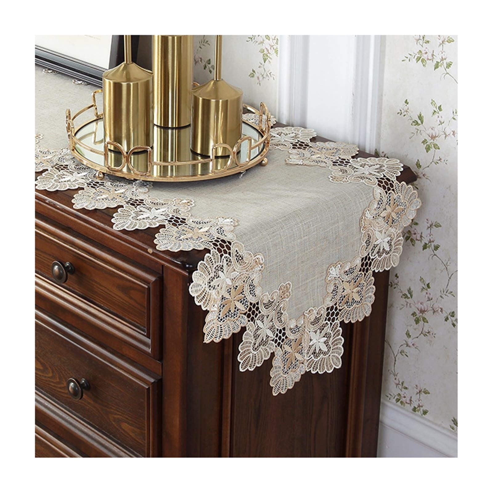 Tischläufer Landhausstil Polyester, Tischläufer Wohnzimmer 43x180 cm, Leinenoptik mit Bestickter Spitze