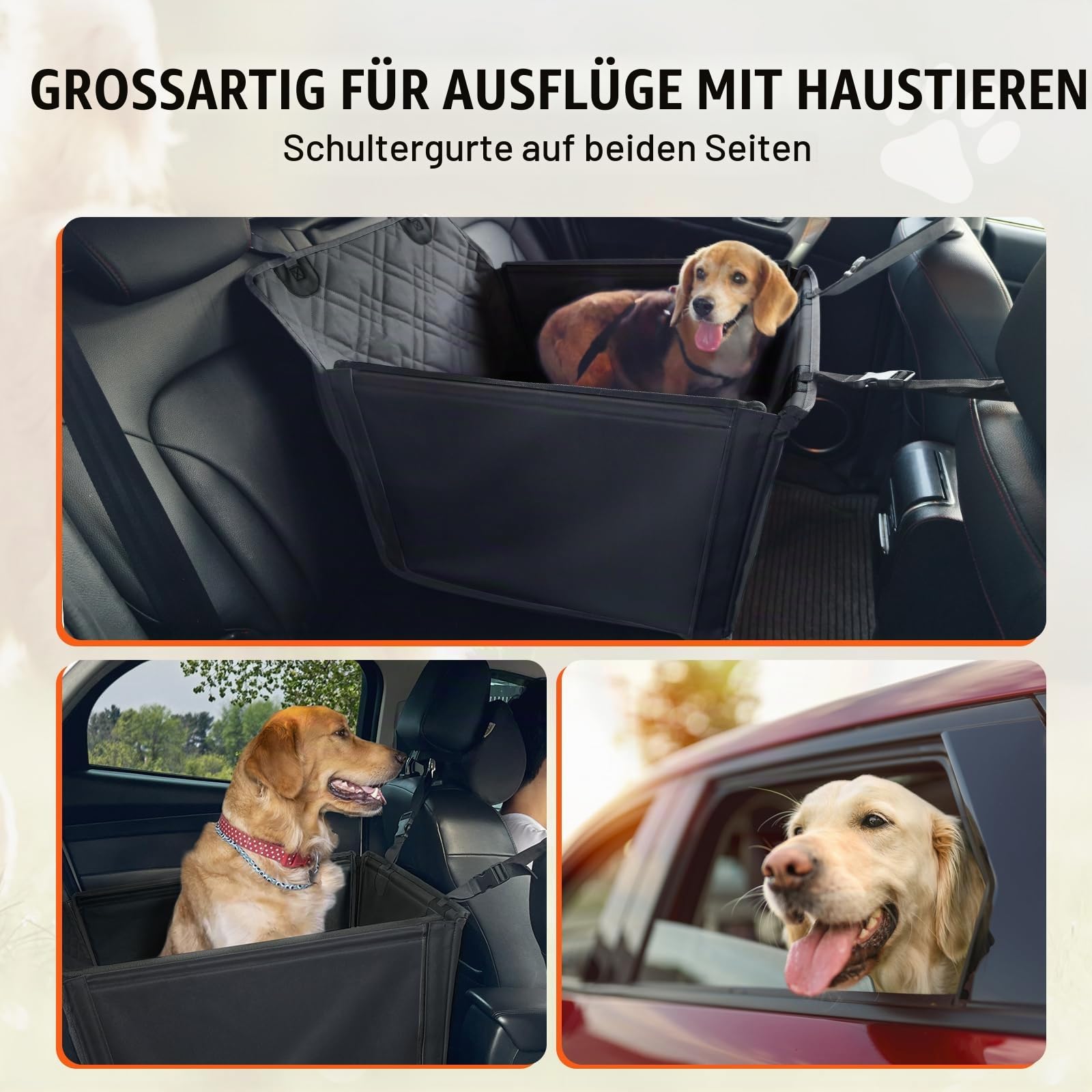VEVOR Autositz Hunde 75 x 58 x 50 cm, Hundeautositz mit Stützrahmen, Haustierautositz mit ansteckbarer Sicherheitsleine, Baumwollfüllung, Rücksitz für kleine mittele Hunde bis 22 kg, Schwarz