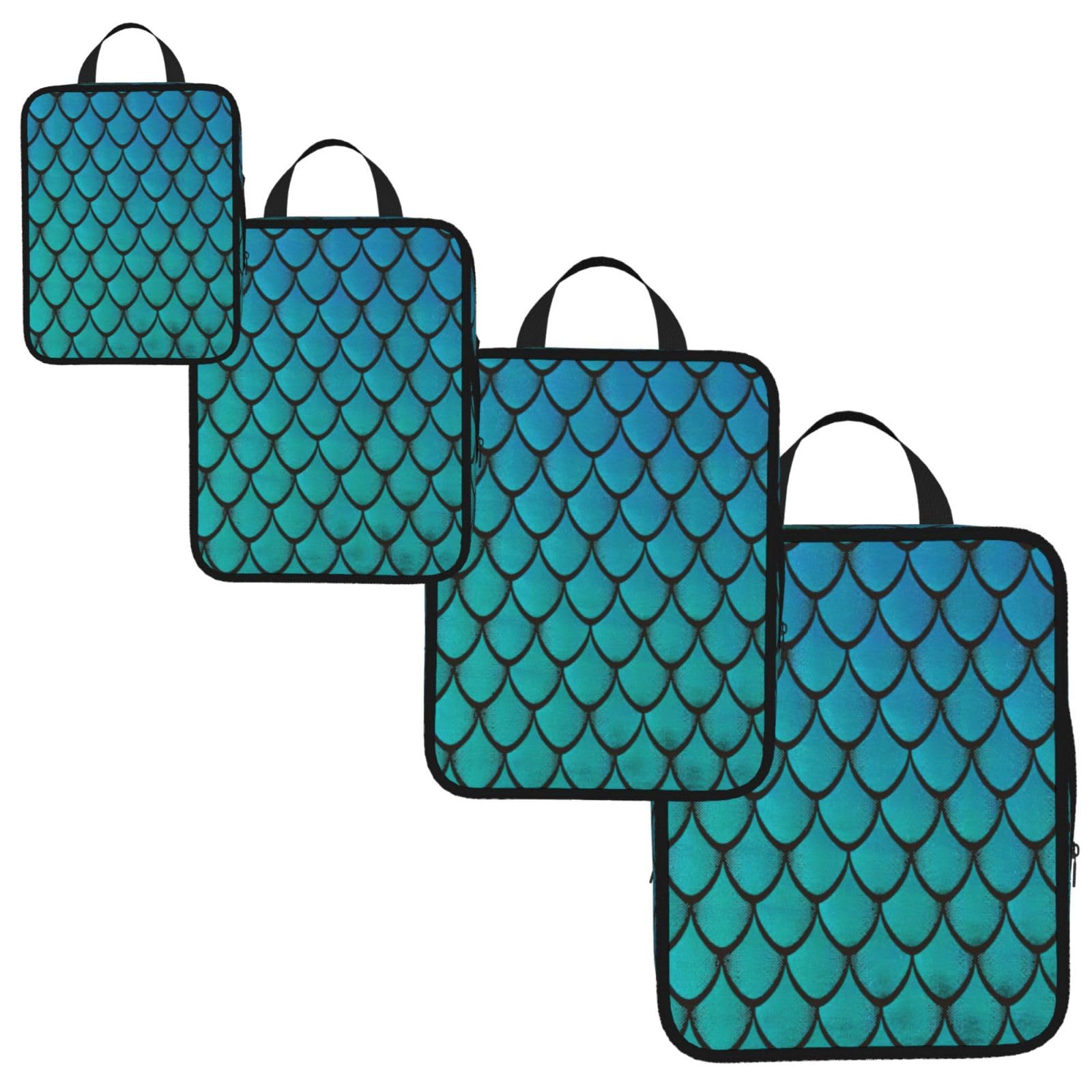 blue fish scale Print 4 Set Compression Packing Cubes for Suitcases,Expandable Storage Bag Organizers