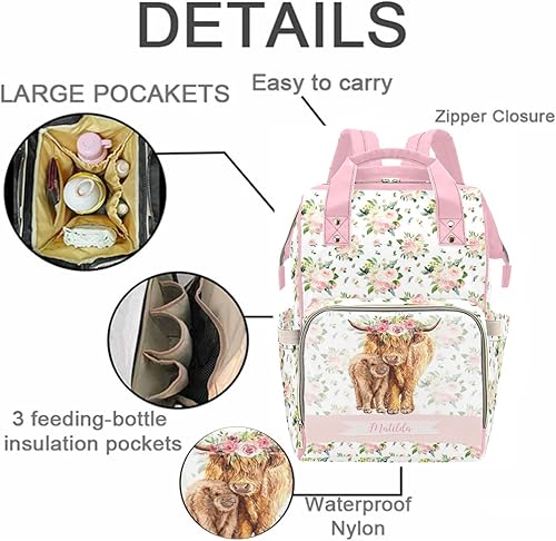 Miniatura 2 de Bolsa de pañales personalizada con diseño de vaca para mujer, mochila de lactancia con nombre personalizado, bolsa de pañales para bebé, niño, niña,