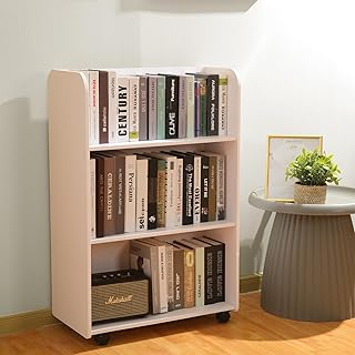 Zhehao Bookcase Rotating Kids Bookshelf Children Mobile Bookshelf with Wheels 3 Tiers Double Sided Toddler Bookcases and Toy Storage Kids Book Display Rack for Bedroom Baby Room Playroom Daycare White