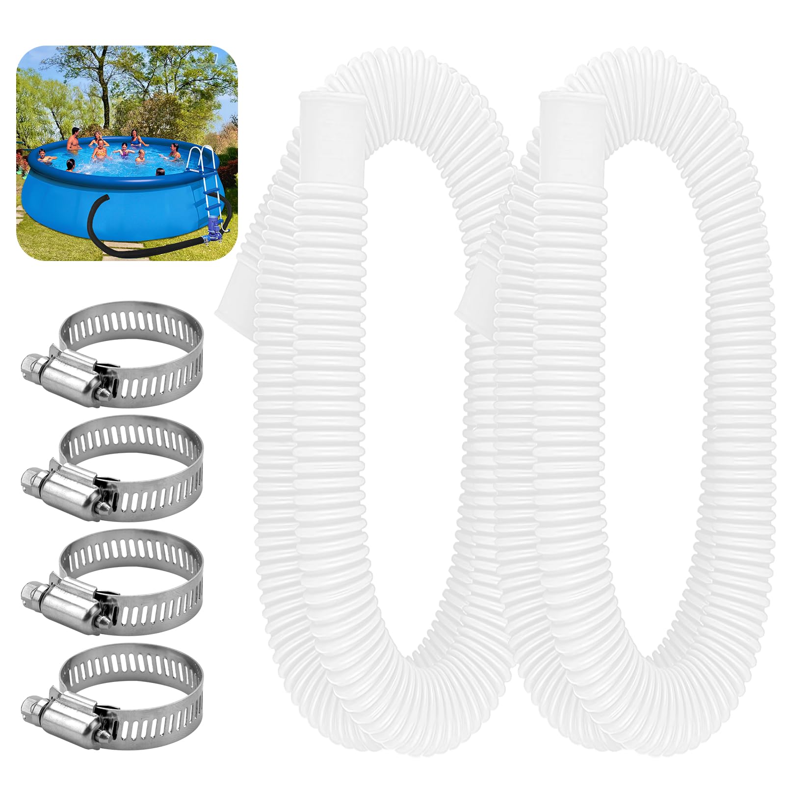 Pool Schlauch, 2 Stück Poolschlauch 32mm für Poolpumpen, 150cm Poolschläuche Spiralschlauch 32mm, Pool Zubehör Schlauch mit 4 Sicherungsclip, Schwimmmen Pools Schlauch Zubehör Pool-Pumpe/Filter