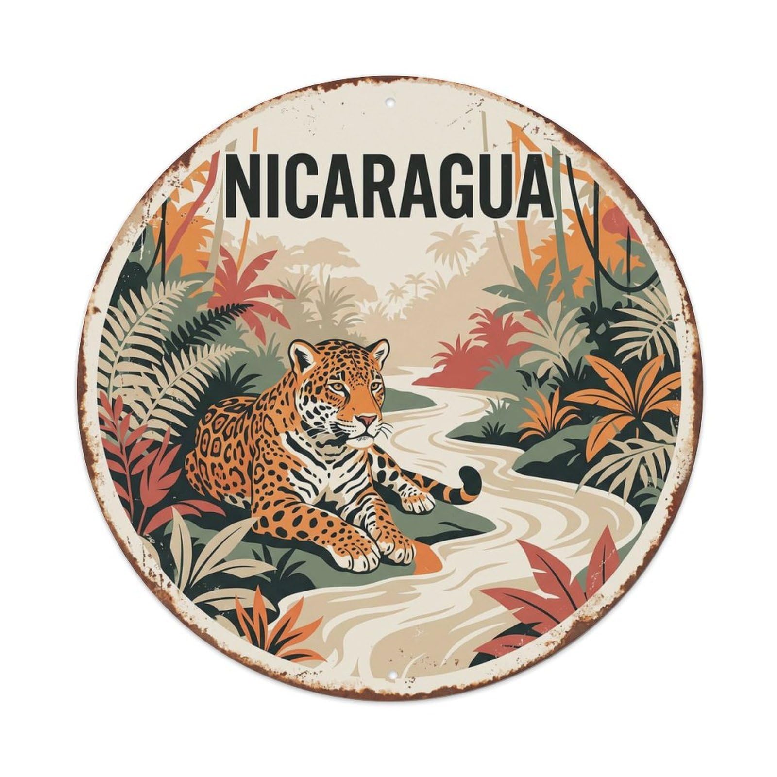 Nicaragua Jaguar Rainforest Stream Metal Tin Sign