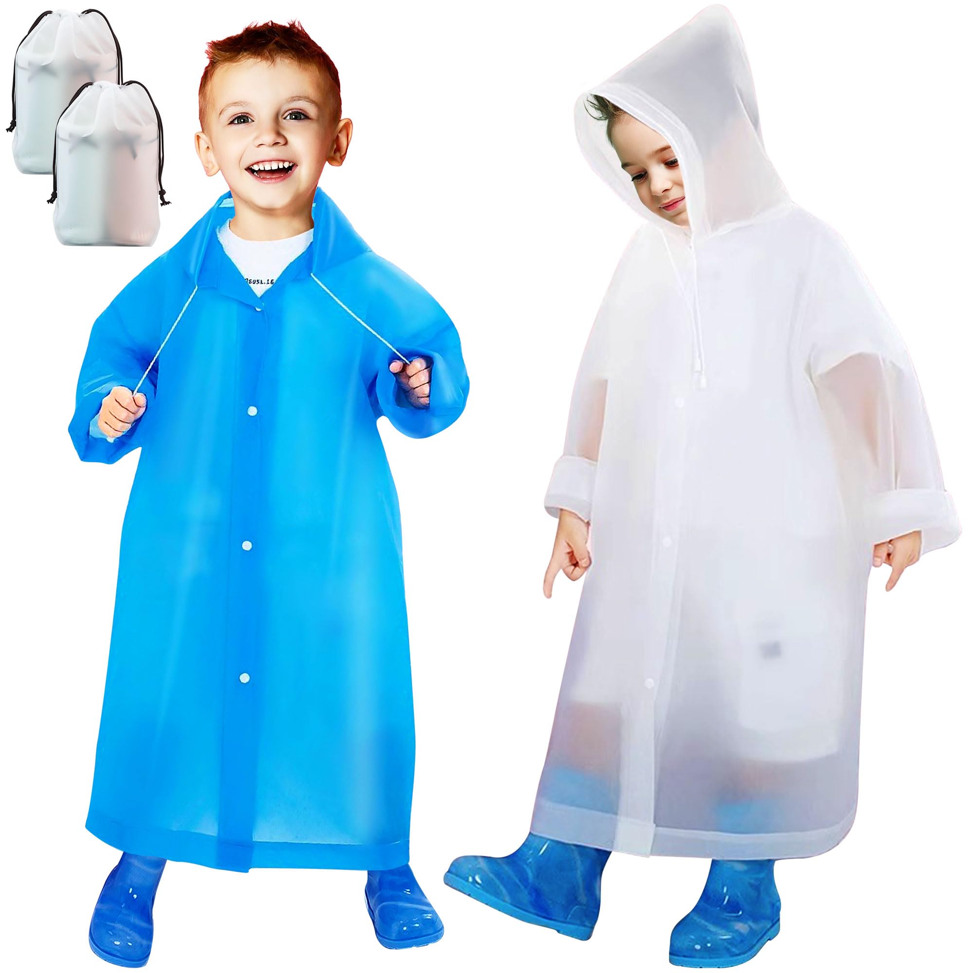 2 Pièces Imperméable pour Enfants en EVA, Réutilisable Manteau Poncho de Pluie avec Capuchon, Poncho Léger Combinaison de Pluie Vêtements de Pluie pour Garçons Filles