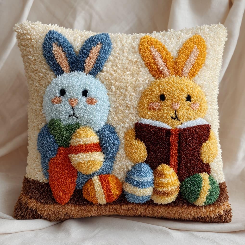 WallustrioaW Latch Hook Kits Pillowcase Embroidery Kit,Rabbits and Easter Eggs