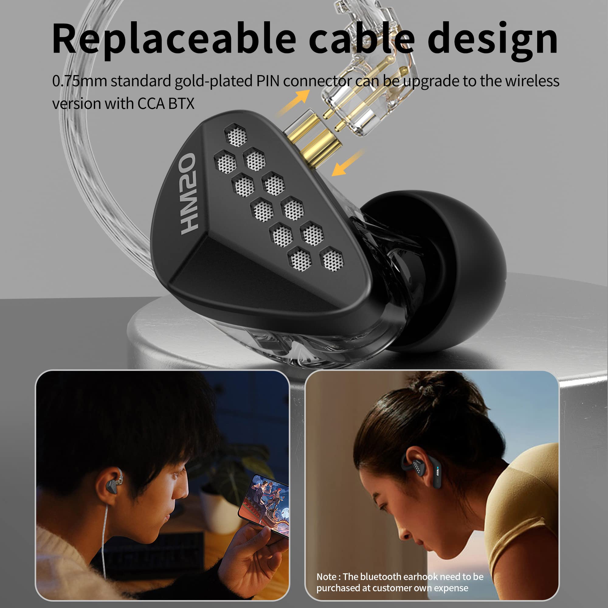 CCA HM20 Lot de 16 écouteurs intra-auriculaires hybrides HiFi stéréo à isolation phonique avec câble détachable pour musicien audiophile (noir, avec microphone)