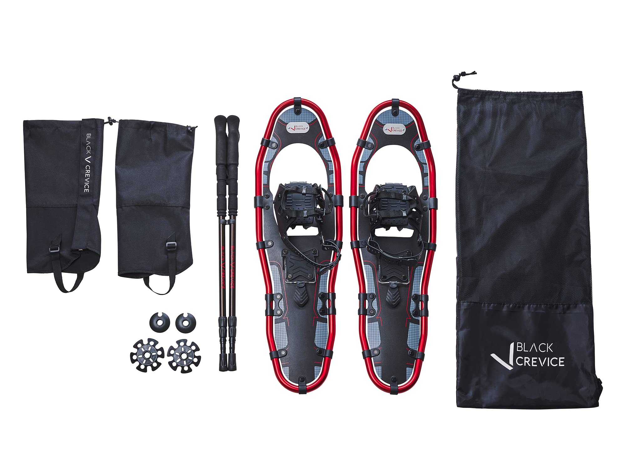 Black Crevice Lot de Raquettes à Neige - Raquettes à Neige en Aluminium pour Homme et Femme en 3 Tailles différentes - Bâtons de Trekking télescopiques en Aluminium - Guêtres d'extérieur imperméables