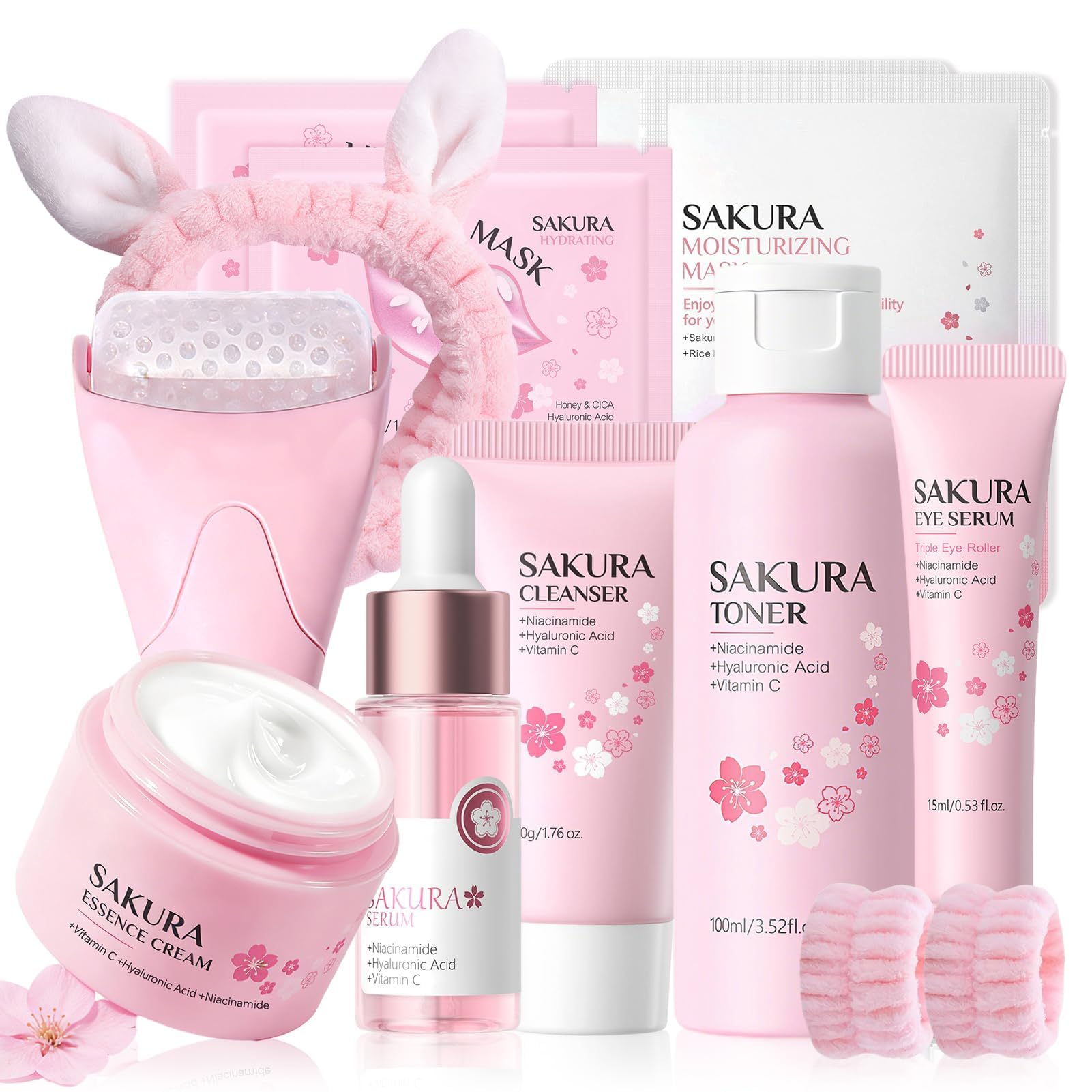 Kit per la Cura della Pelle Sakura 12 Pezzi,include Detergente, Tonico, Crema Viso, Maschera, Siero e Crema per Gli Occhi,Accessori,Set Skincare Viso Completo per Ragazze e Donne