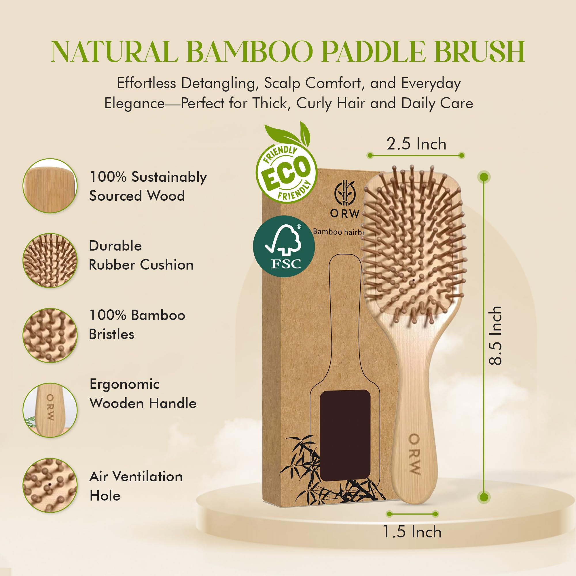 OREN'S - Cepillo desenredante de cerdas de bambú, cepillo de paleta estrecha para el crecimiento del cabello, masaje del cuero cabelludo y antiroturas, adecuado para mujeres, hombres y niños, para