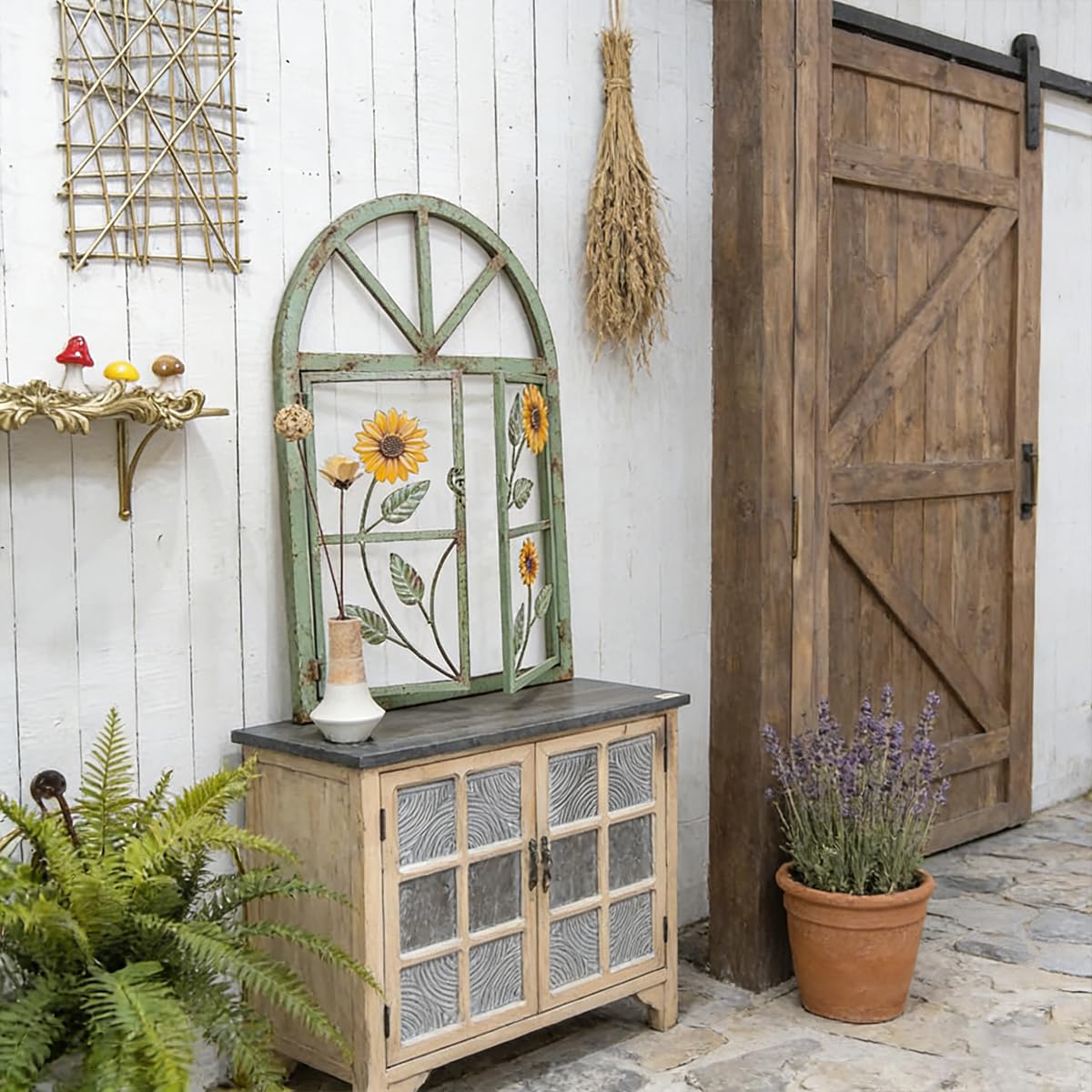 Rustikale Deko-Fenster mit Bogen zum Öffnen Stallfenster auf Platte Eisenfenster Scheunenfenster Wetterfest Fensterrahmen Fensterladen Fenster Attrappe Wanddekor für Gartendeko Grün S
