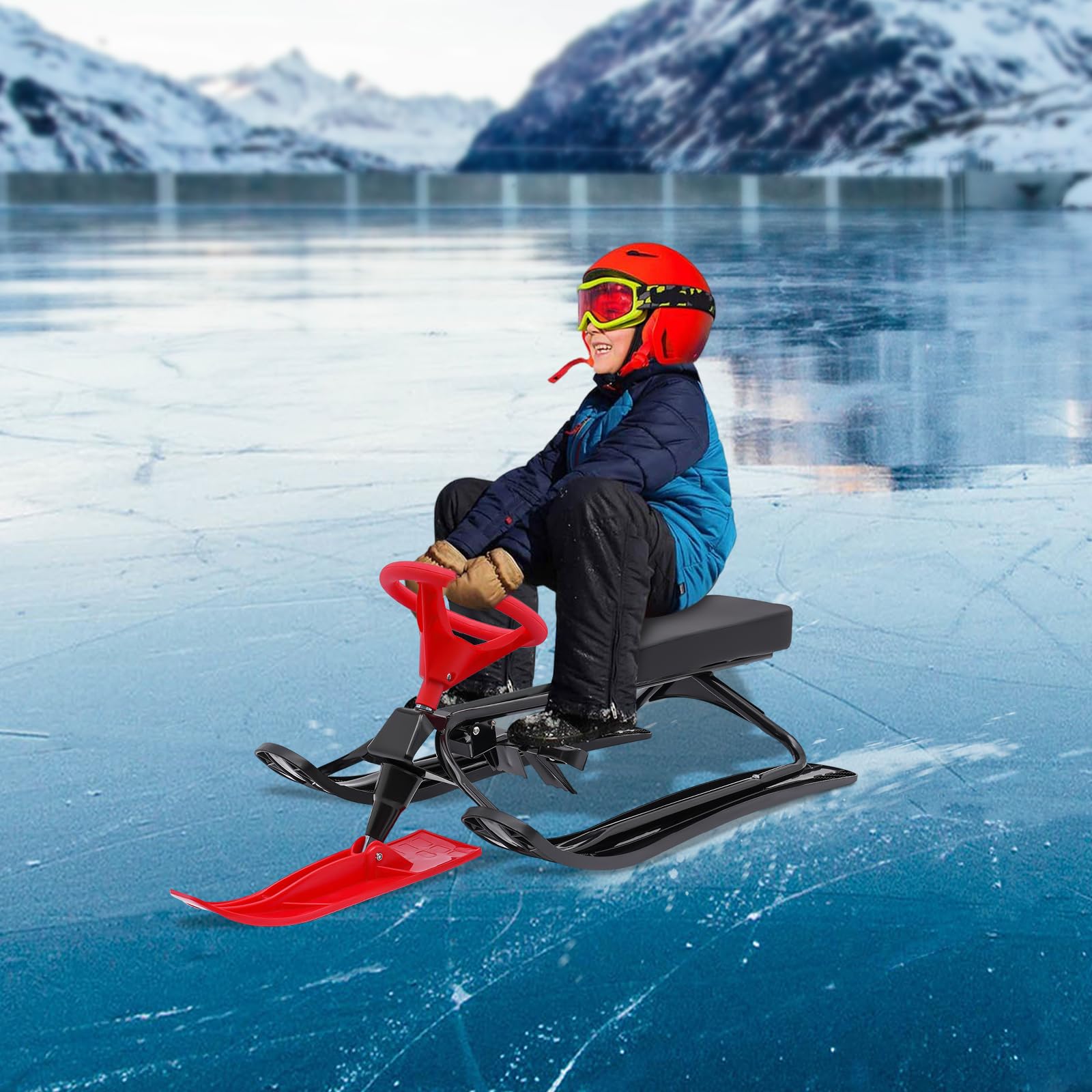 Lenkschlitten für Kinder, Schlitten mit Lenkrad, Doppelbremsen & 100 kg Tragkraft, Robuster Outdoor-Rodler für Ski, Schnee & Sand, ab 3 Jahren