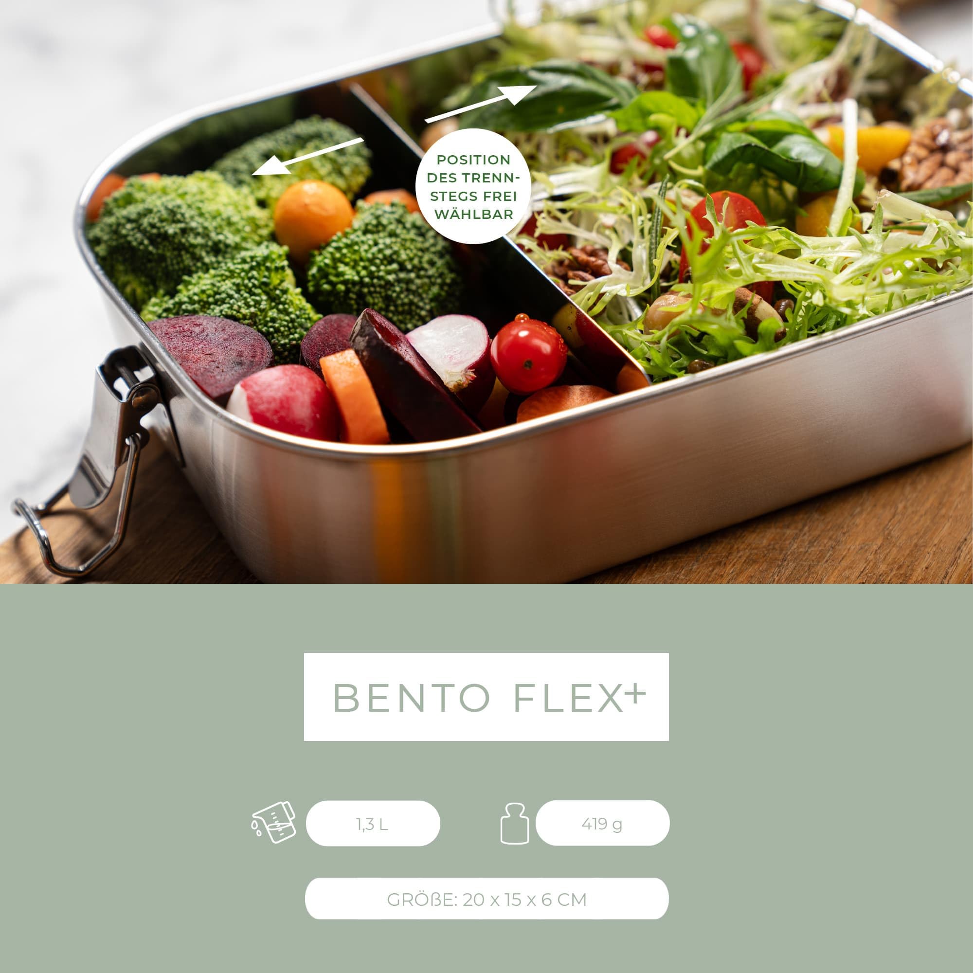 Bento Flex+ | Fiambrera de Acero Inoxidable a Prueba de Fugas con Separador Flexible | 1400 ml