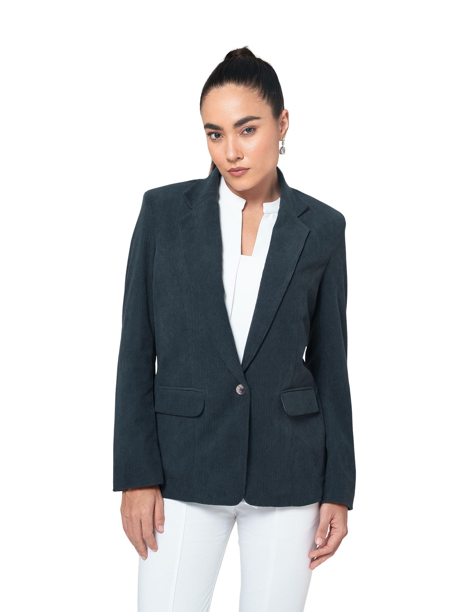 Women's Grey Corduroy Jacket | Notched Lapel | Full Sleeves | Button Closure | Regular Fit Blazer | Office, Formal & Smart Casual Wear-image-6