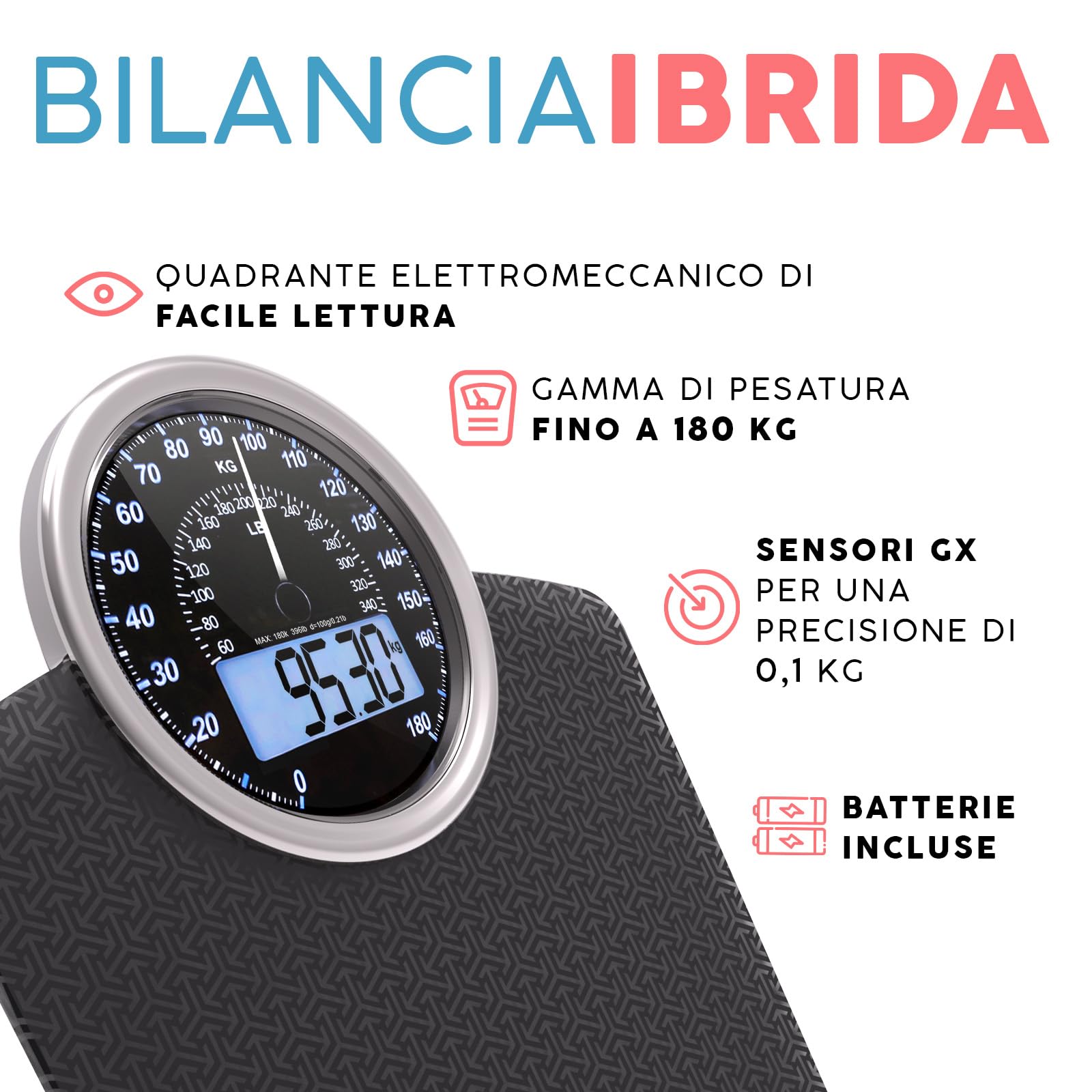 Hybrid Bilancia Pesapersone - Analogica & Digitale, Precisa fino a 180 kg | Leggete il peso su quadrante analogico e LCD insieme. Piattaforma larga, 3 batterie AAA incluse, pronta all'uso.