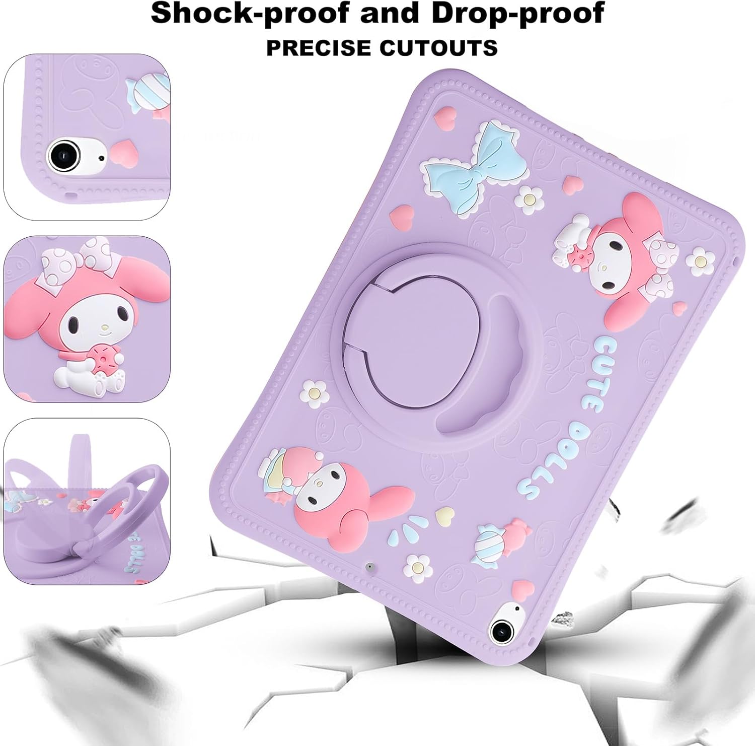 Kids Case for iPad (A16) 11th Generation 11 inch 2025 / iPad 10th Gen 10.9" 2022 – Cute 3D Cartoon Silicone Tablet Cover for Girls with 360° Rotating Stand, Adjustable Strap (Purple)