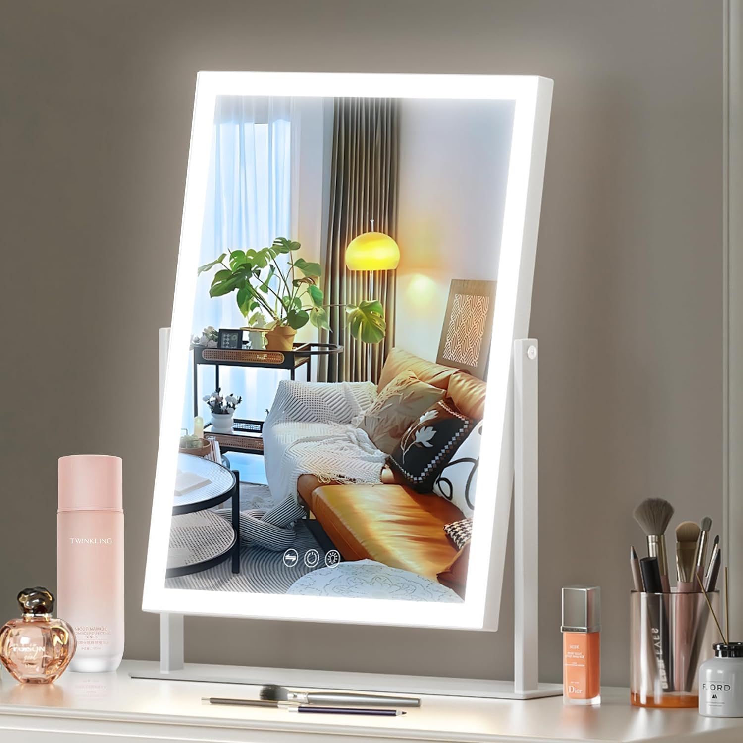 Hansong Led Vanity Mirror with Lights 11.8"×16" Lighted Makeup Mirror with 3 Modes Lights 10X Magnification Mirror Smart Touch Control Dimmable 360°Rotation LED Lighted Mirror for Makeup Desk Bedroom 16.1"L x 11.8"W