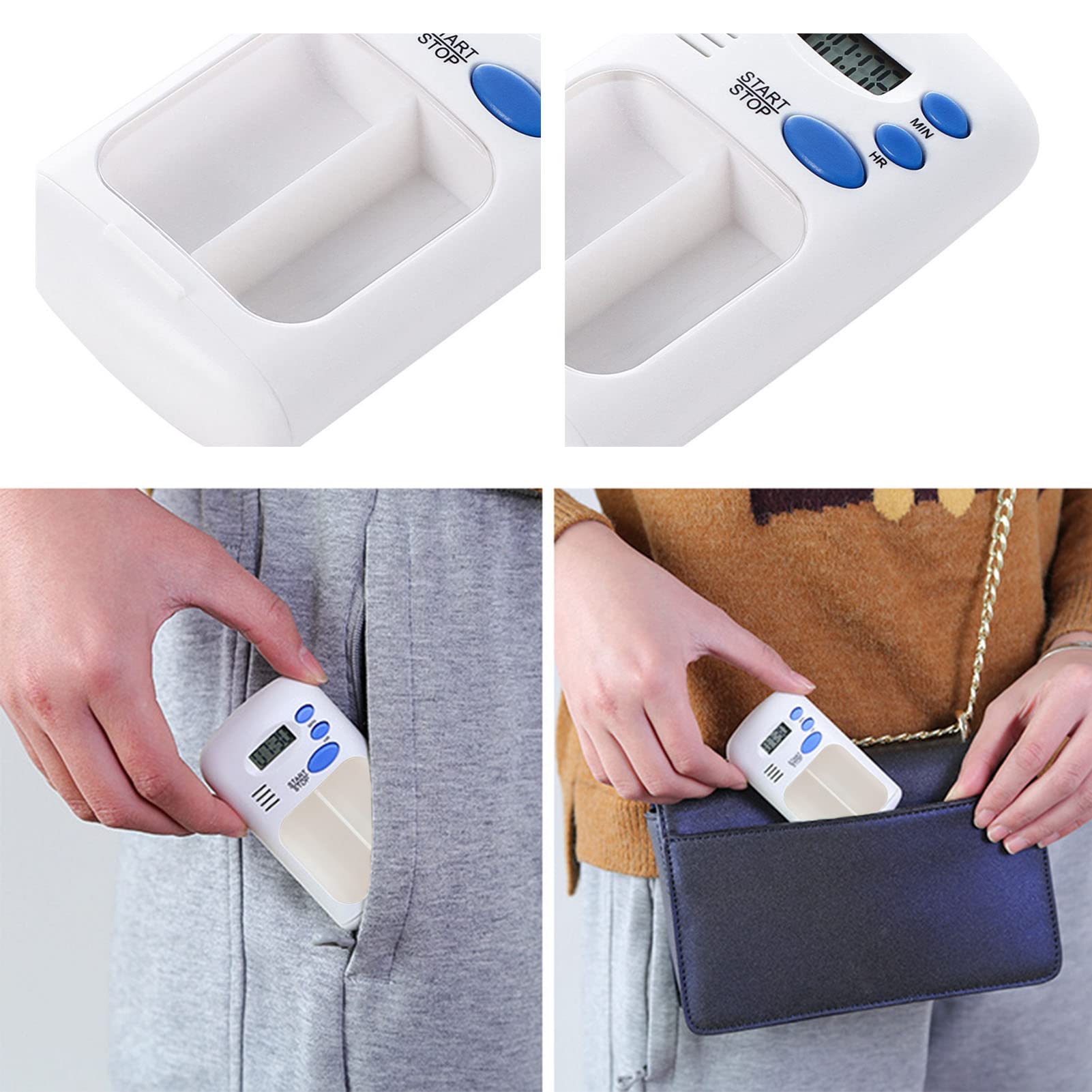 Organizer per pillole con promemoria allarme, dispenser di farmaci promemoria pillole, scatola per pillole a doppia camera con allarme porta carte trasparente 0,7 LCD per anziani