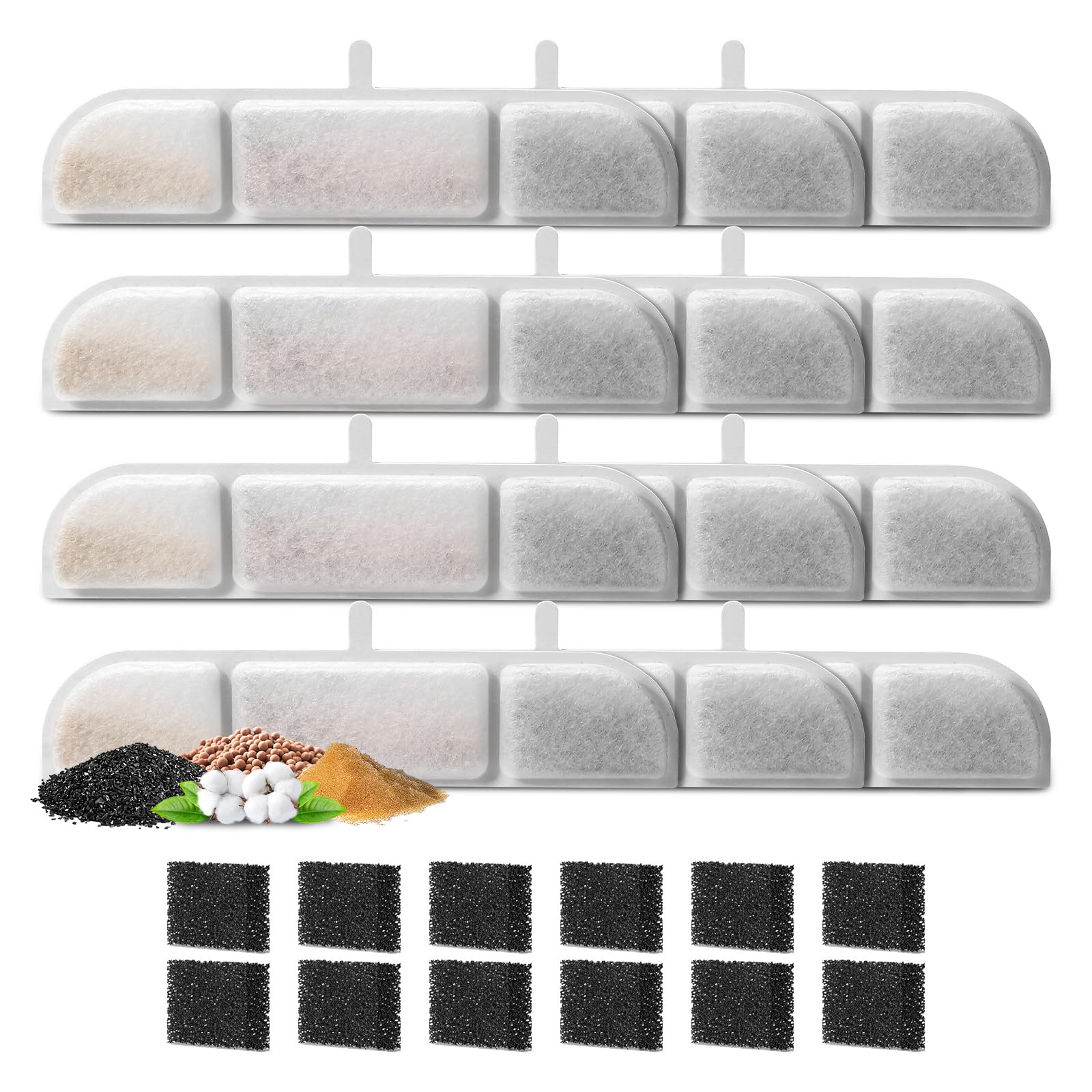 12 Packs Replacement Filters for 84oz/2.5L Fursink Wireless Pet Water Fountain, ZEKIRY Cat Water Fountain Filter, Triple Filtration Pet Water Fountain Filter Replacement(12 Filters & 12 Sponges)