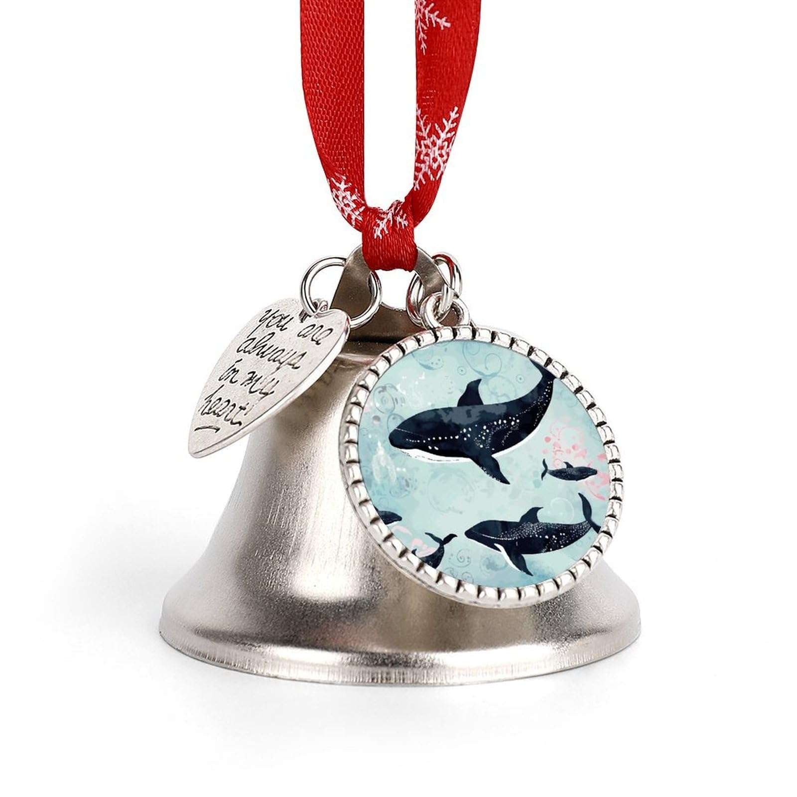 Whale Bell Ornament Red Ribbon for Christmas Tree Holiday Decoration Personality Believe Bell Ornaments Sleigh Bells for Winter New Year Party Supplies