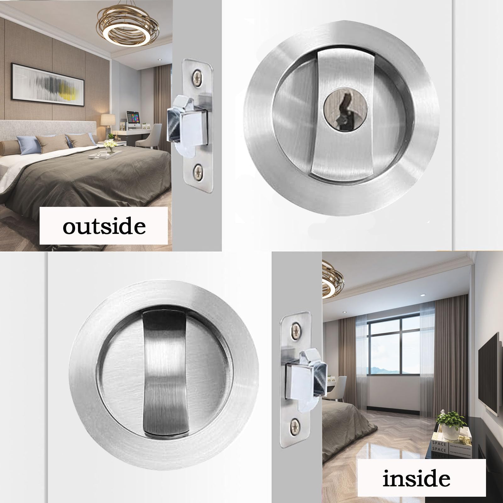 Betensh Sliding Door Lock Round Pocket Door Lock with Key Invisible Installation Door Lock Silver 66 mm Pocket Door Hardware Lock - Image 4