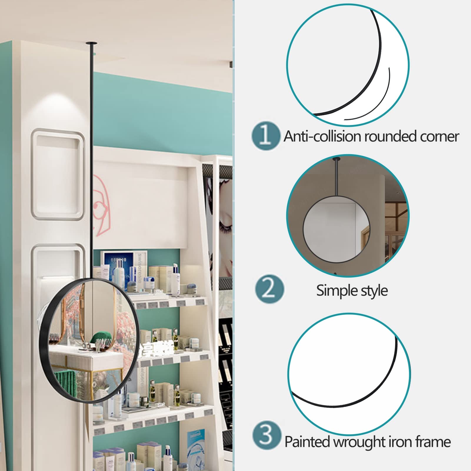 Specchio da Parete con Cornice, Specchio cosmetico Galleggiante da Bagno, Specchio Rotondo sospeso a soffitto con Struttura in Metallo Nero e Ingresso Bagno con Braccio S