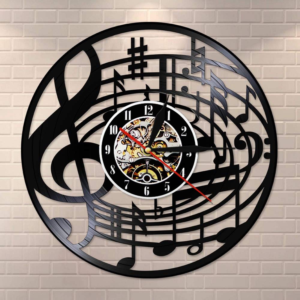 Dia 30cm Note musicali Arte da parete Chiave di violino Orologio da parete con disco in vinile Appeso Spartiti musicali Arte Orologio vintage Rock N Roll Amante della musica Regalo 7 colori Modifica