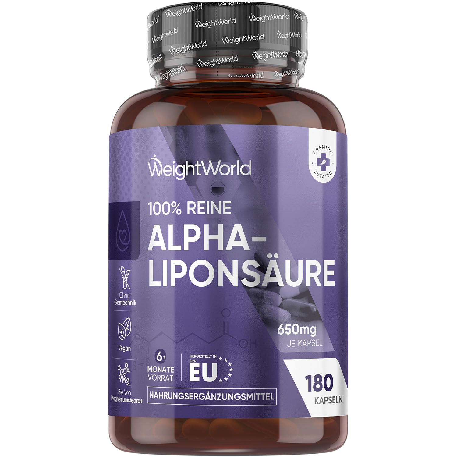 Alpha Liponsäure Kapseln - 650mg pro Portion - 180 vegane Reine ALA Kapsel - 6+ Monate Vorrat - 1 Kapsel alle 3 Tage - Alpha Lipoic Acid - Glutenfrei & Frei von Magnesiumstearat - WeightWorld