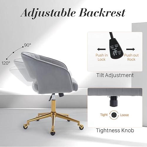 Miniatura 8 de Homedraft Silla de escritorio giratoria para oficina en casa, moderna silla de escritorio de terciopelo, sillón de altura ajustable con base dorada,