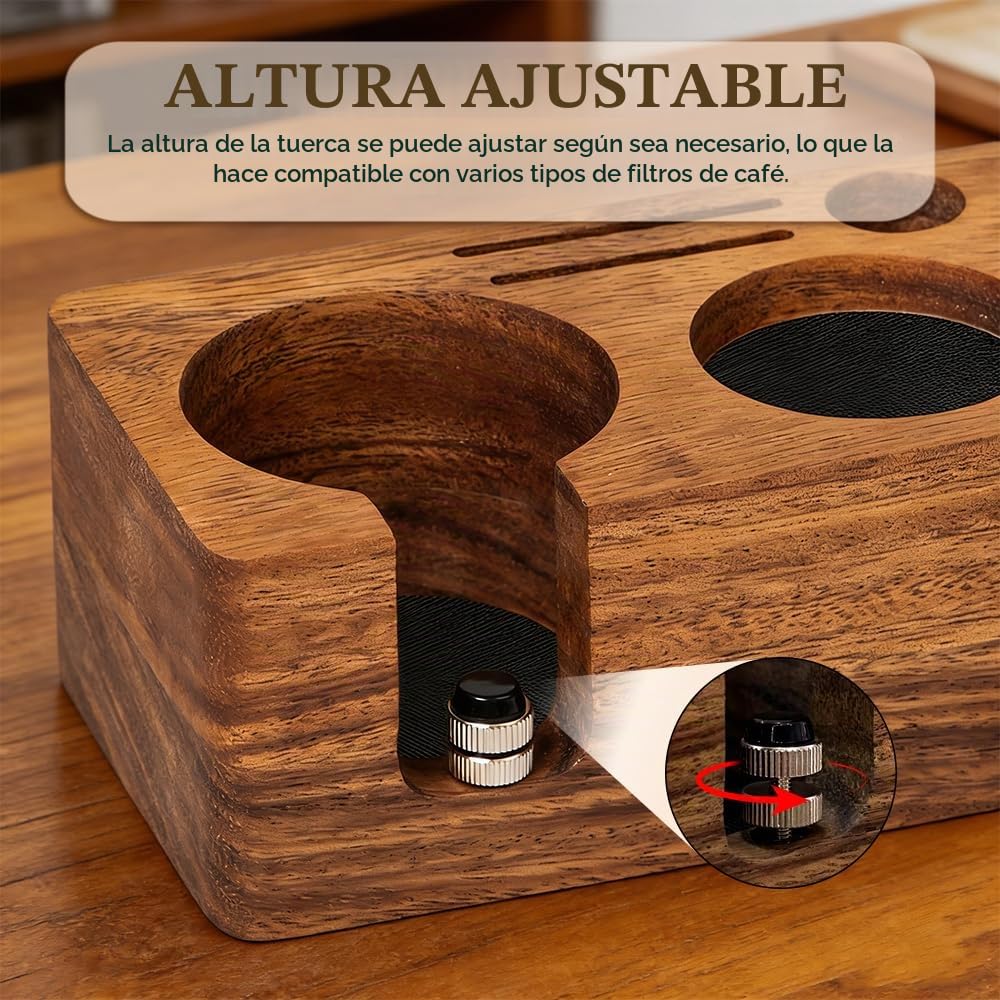 Estación de Prensado Café 58 mm de Madera de Nogal Estación de Apisonamiento Espresso para Portafiltros de 58 mm Accesorios de Barista, Altura Ajustable, con Almohadillas Antideslizantes