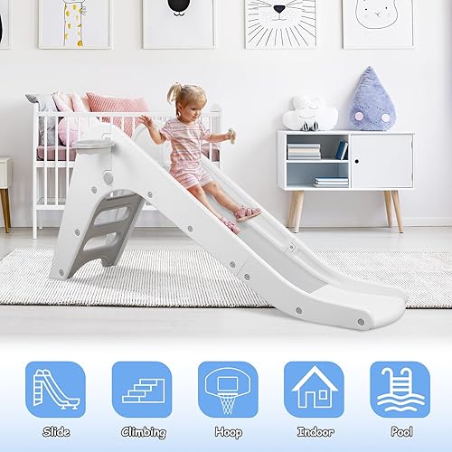 Miniatura 7 de MAMIZO Tobogán independiente para niños pequeños, escalada con aro de baloncesto y pelota, juego de tobogán con tobogán de amortiguación extendido,