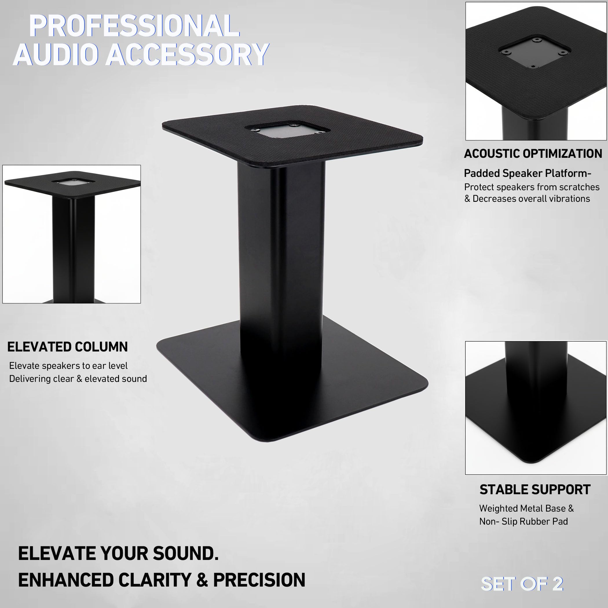 Soportes para altavoces de escritorio (par) – Bandeja de metal resistente de 15 x 17 cm, base plana resistente, canal de enrutamiento de cable oculto, tamaño compacto para altavoz de monitor de 3 a 4