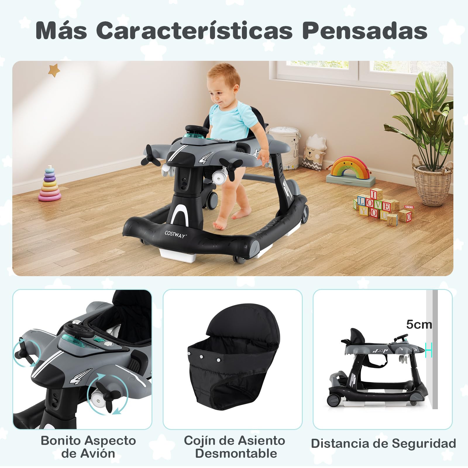 COSTWAY 6 en 1 Andador Bebés, Andador Plegable de Avión, Altura Ajustable en 3 Niveles, 6 Ruedas Universales, Caja de Música Extraíble, Tacata Bebes, Caminador Bebe para Niños de 6-18 Meses (Gris)