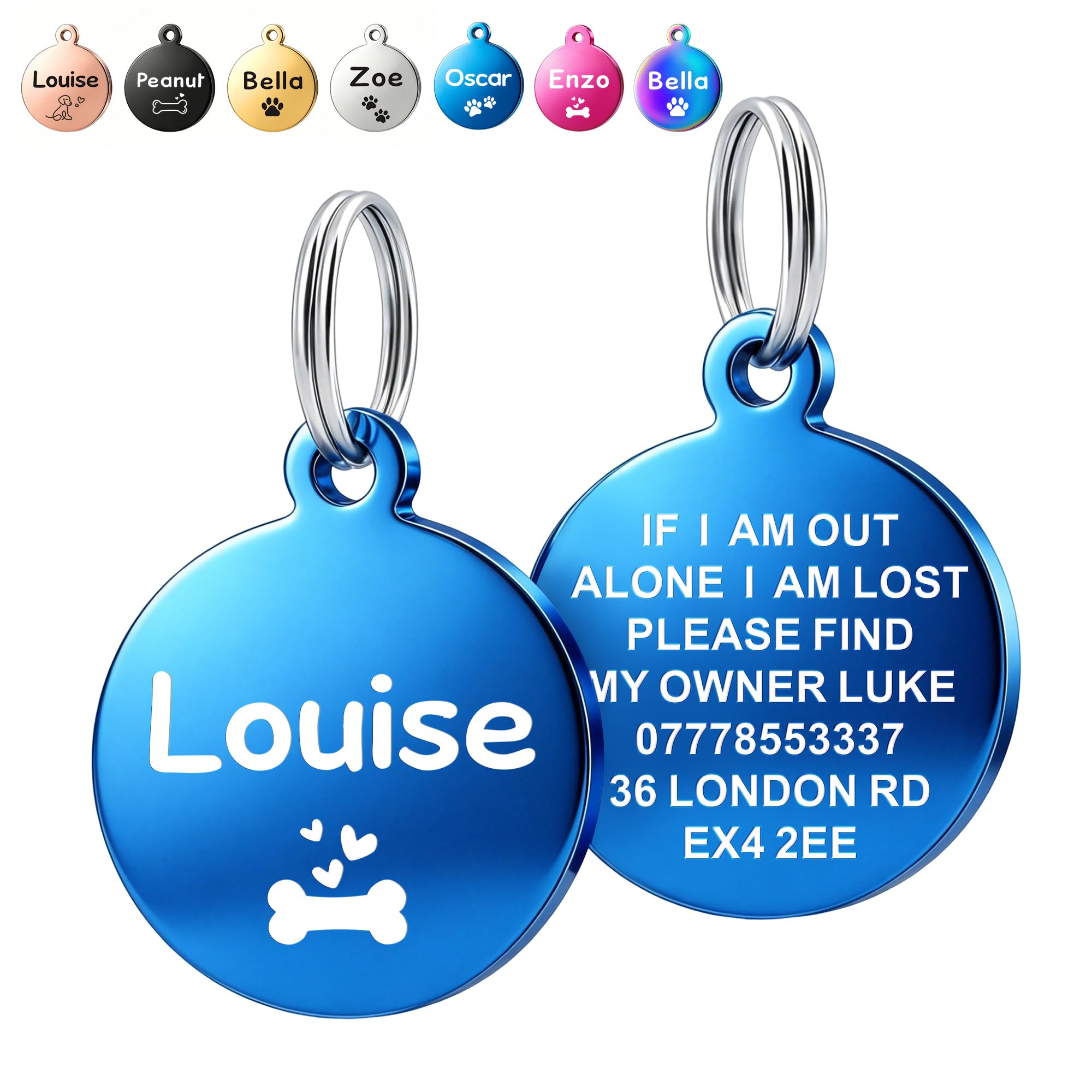 Deep Engraved Dog Tags for Pets UK Prime, Personalised Cat Dog Name ID Tags, Stainless Steel Pet Tag for Doggy Kitten Kitty Puppy, Scratch Resistant Tag (Blue Round, L)