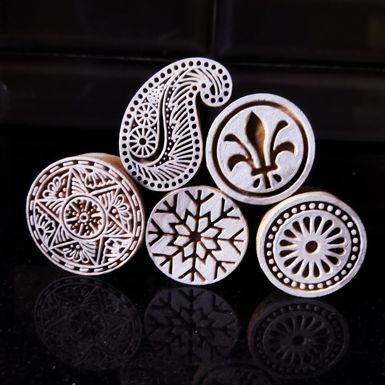 ecofynd Round Wood Block Stamps (Pack of 5), Wooden Blocks for Block Printing Stamp Set, Artistic Shapes Craft Kids Saree Border DIY Henna Fabric Textile Paper Clay Pottery Hand-Carved (BLOCK012)